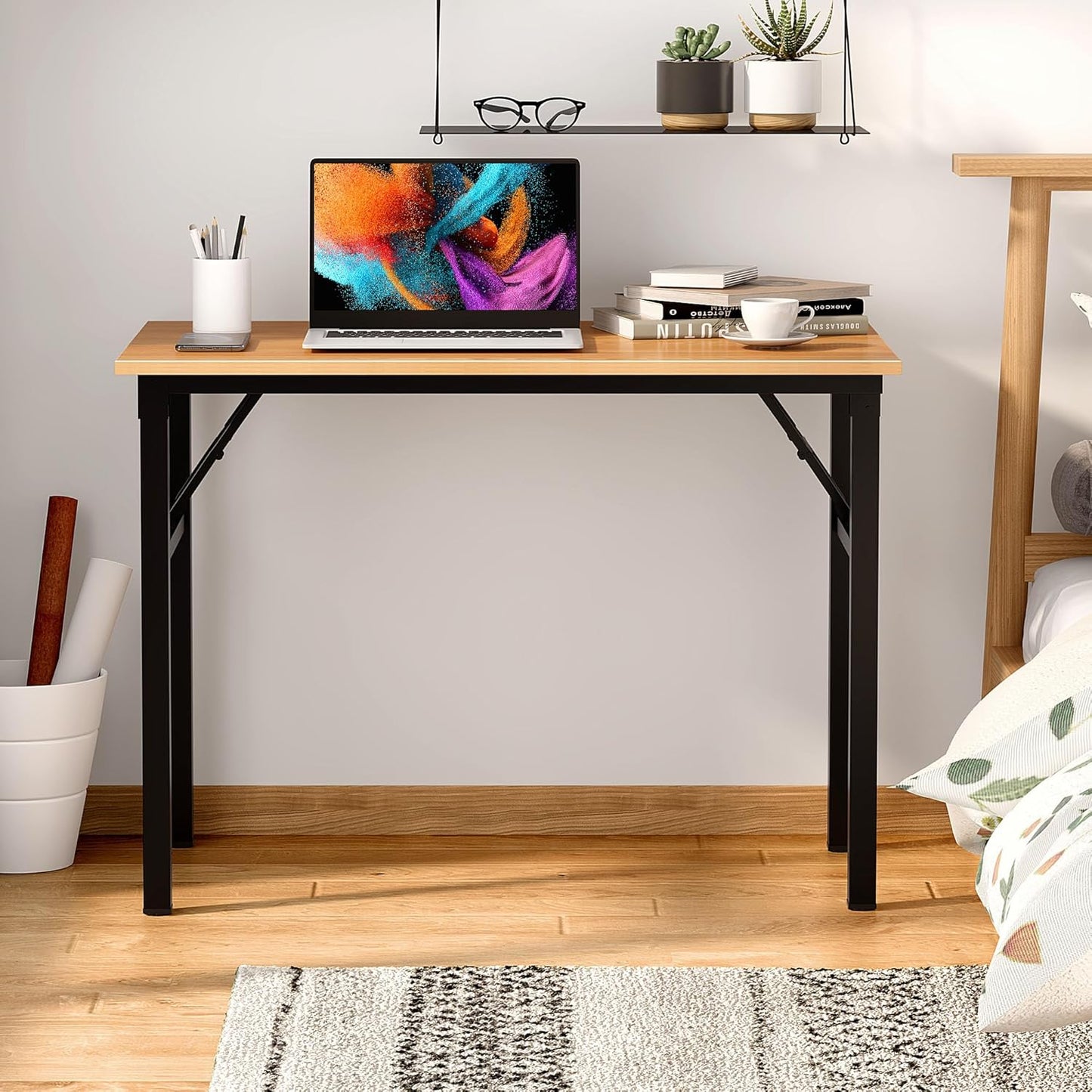 Need Folding Desk for Home Office 39-3/8'' Length Modern Folding Table Computer Desk No Install Needed Teak Color Desktop Black Frame, AC5BB(10060)