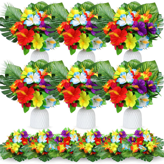 Hotop 24 Pcs Hawaiian Flower Centerpieces for Tables Artificial Palm Leaves Fake Hibiscus Flowers Tropical Party Decorations Supplies for Luau Safari Jungle Beach BBQ Theme Party Birthday Table Decor