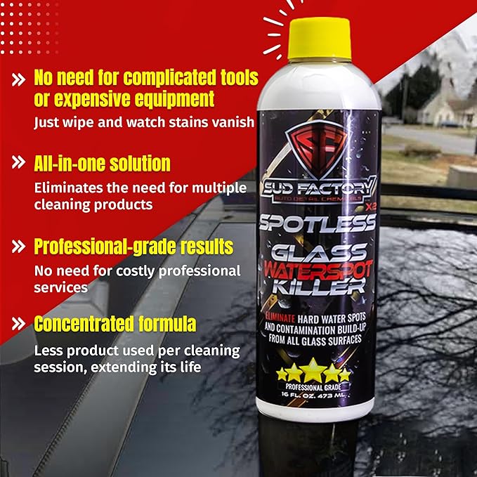 Sud Factory Spotless X2 Upgraded Glass Hard Water Spot Remover for Cars, Shower Doors, Windows, Homes & Boats - 16oz