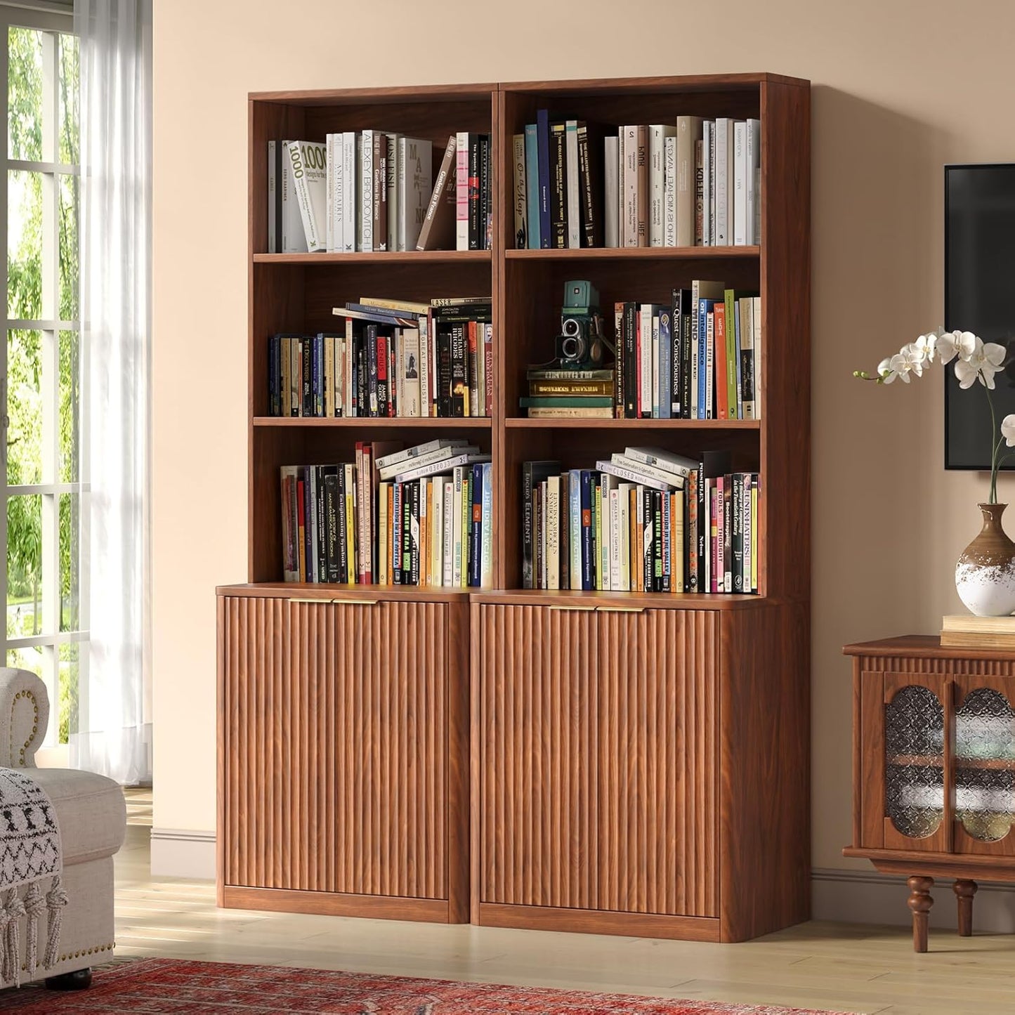 71" Walnut Bookcase with Doors, 5 Tier Fluted Tall Bookshelf with Storage, Librero with Cabinet for Home Office, Living Room,or Bedroom