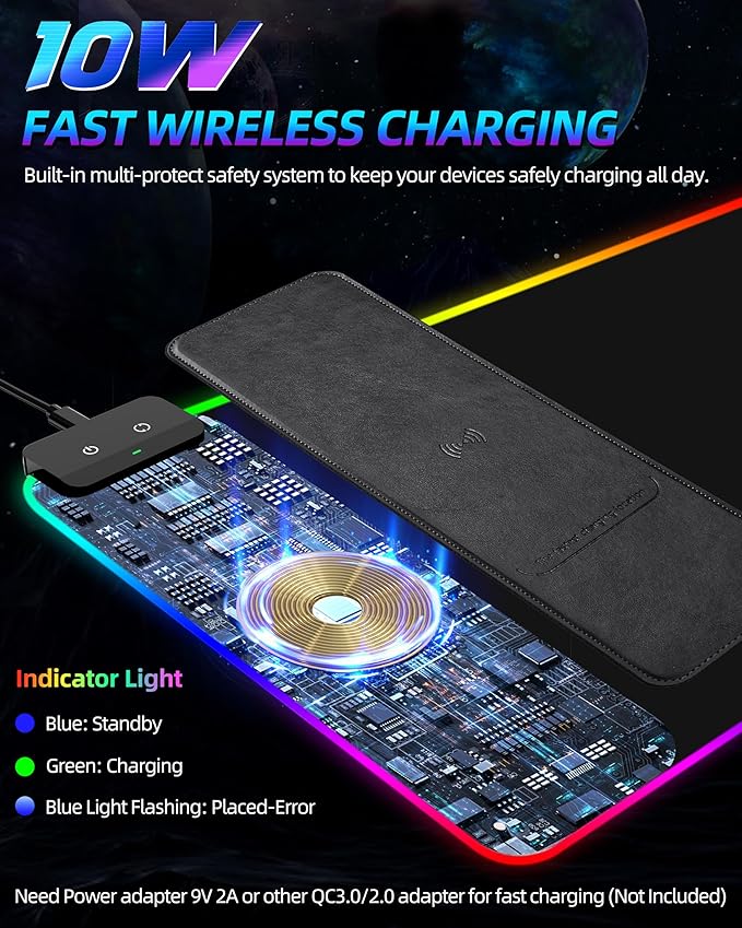 Wireless Charging RGB Gaming Mouse Pad 10W, 31.5"x11.8" Large Desk Mat, Led Mouse Pad, 9 Light Modes, Non-Slip Rubber Base, Waterproof Computer Keyboard Mat for Gaming Home Office, Black with Adapter