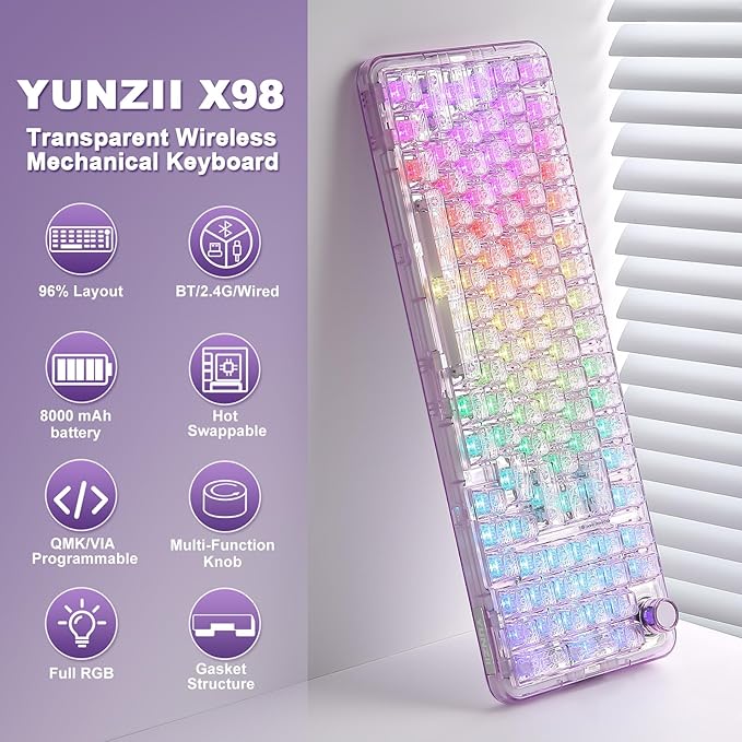 YUNZII X98 QMK/VIA Wireless Mechanical Gaming Keyboard with Knob,Tri-Mode BT5.0/USB-C/2.4GHz Hot Swappable Keyboard,Pre-lubed Switches Gasket Mount RGB Backlit for Wins/Mac (Purple, Crystal Switch)