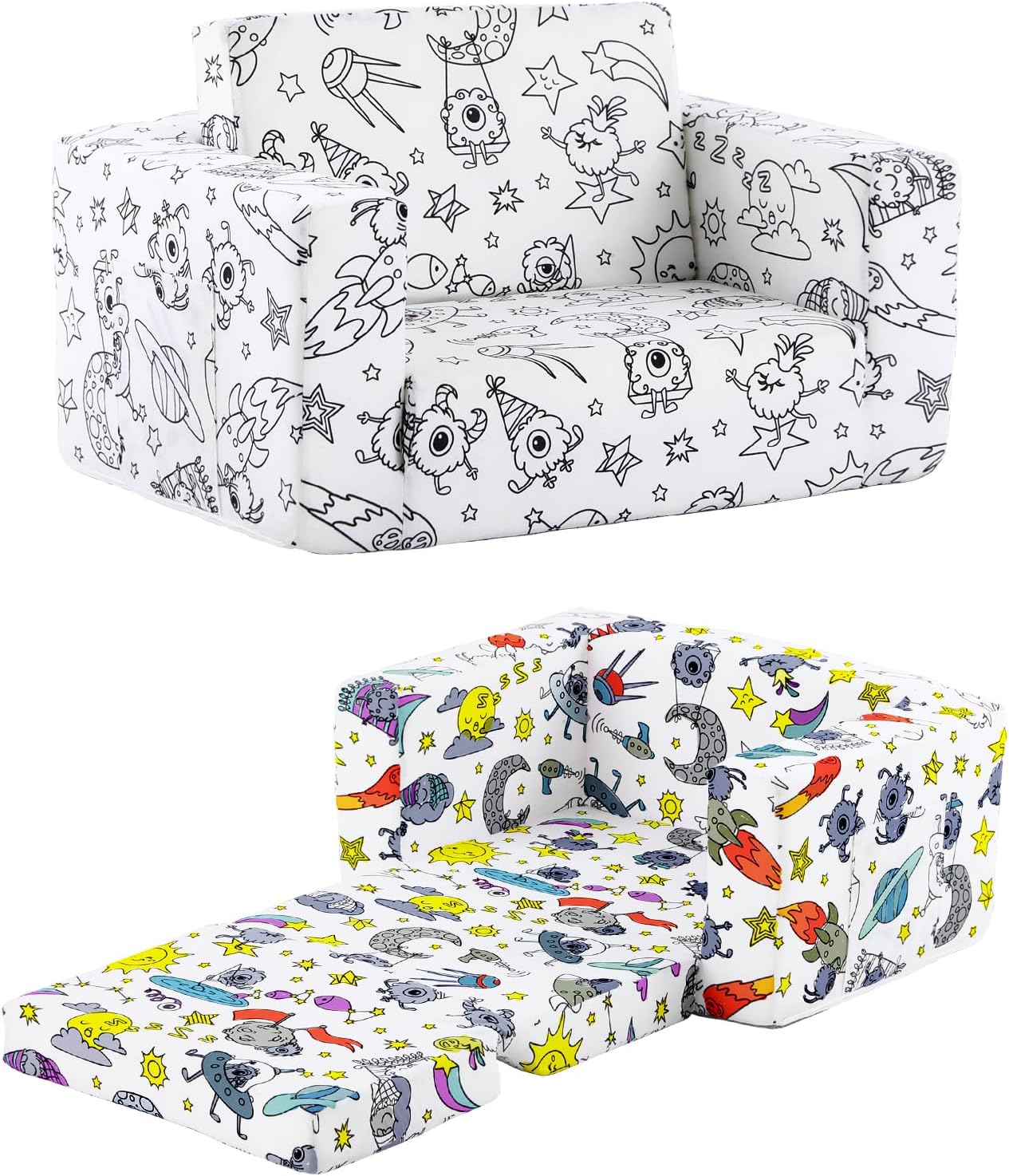 Tiita Kids Sofa Couch, Convertible Children Couch to Lounger, Toddler Comfy Sofa with Cute Graffiti Pattern Design for Girls and Boys, Graffiti