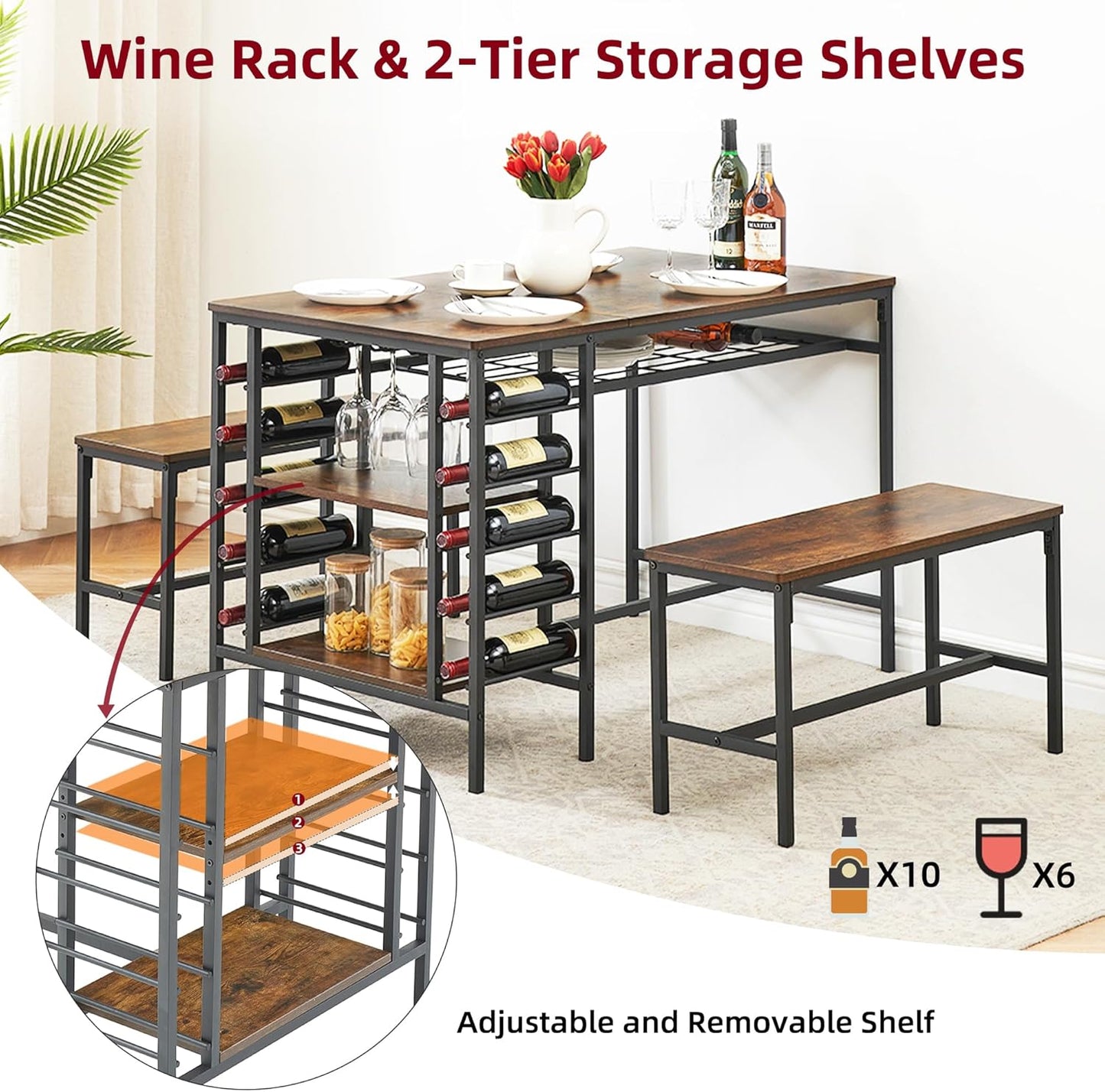IDEALHOUSE Dining Table Set for 4, Kitchen Table Set for 4 with 2 Benches, Rectangular Dining Room Table Set with Wine Rack, 3 Piece Dining Table Set for Small Space Apartment, Rustic Brown