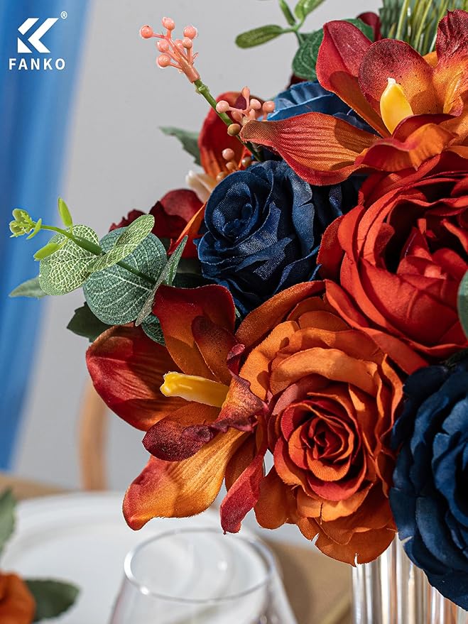 FANKO Artificial Flowers Gradient Orange Rose: Mixed Fake Silk Flowers Combo Dusty & Navy Blue Rose Orchid Vintage Assorted Blooms for DIY Wedding Bridal Bouquets/Centerpieces/Home Decor