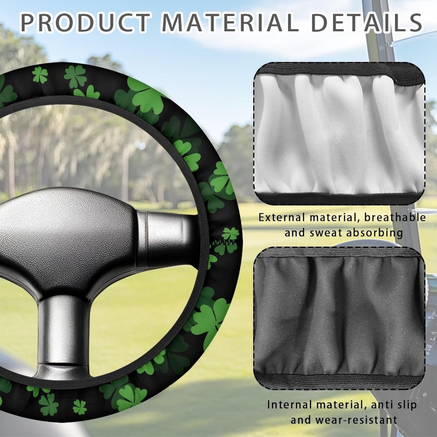 St. Patrick's Day Golf Cart Steering Wheel Protector Cover Green Leaves Golf Cart Steering Wheel Covers Fit 13-14 Inch Car Steering Wheel Covers for Club Car Decor