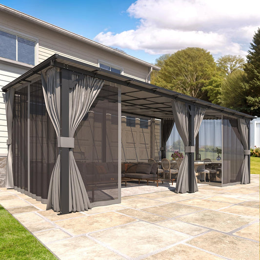 AECOJOY 20' X 12' Gazebo for Patio, Large Wall-Mounted Lean to Pergola Gazebo with Curtains and Netting, 12x20 Hard Top Pergolas and Gazebos on Clearance for Lawn Backyard Garden Deck