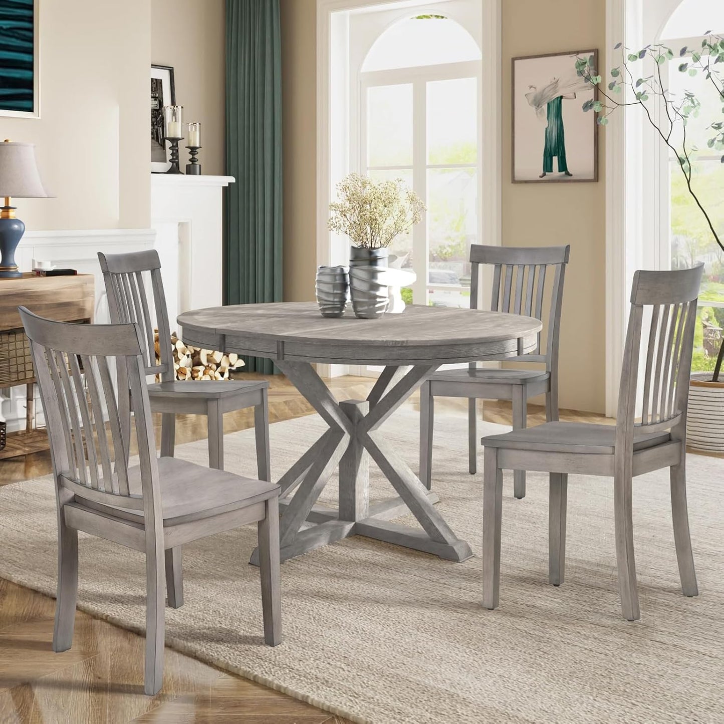COLAMY Wooden Dining Chairs Set of 6, Spindle High Back Windsor Kitchen Side Chair, Farmhouse Dining Chairs for Kitchen and Dining Room, Light Grey