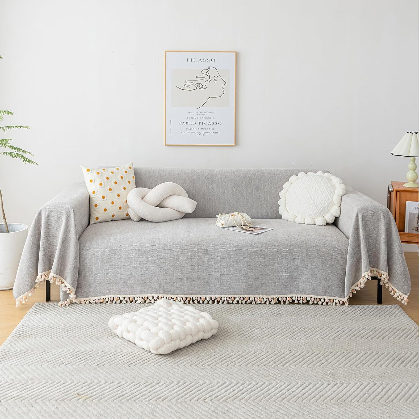 HANDONTIME Grey Sofa Cover for 3 Seat Couch - Boho Couch Cover - Light Grey Tassel Chenille Herringbone Sofa Covers - 91" X150" Sectional Cover