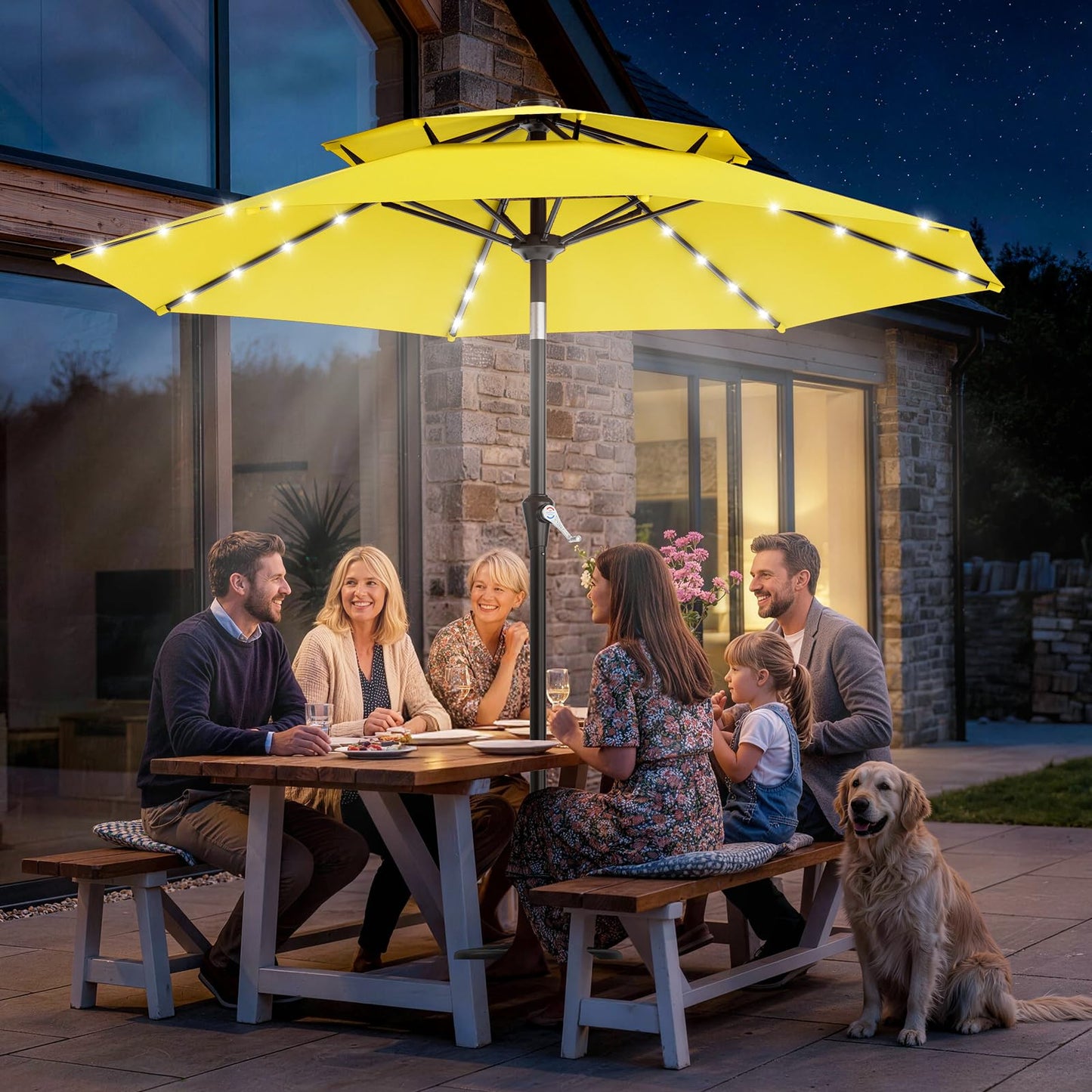 AreShark 9ft 2 Tiers Patio Umbrella with Solar Lights, Outdoor Umbrella w/ 32 LED Lights&8 Sturdy Ribs, Table Umbrella for Deck, Backyard, Pool(Yellow)