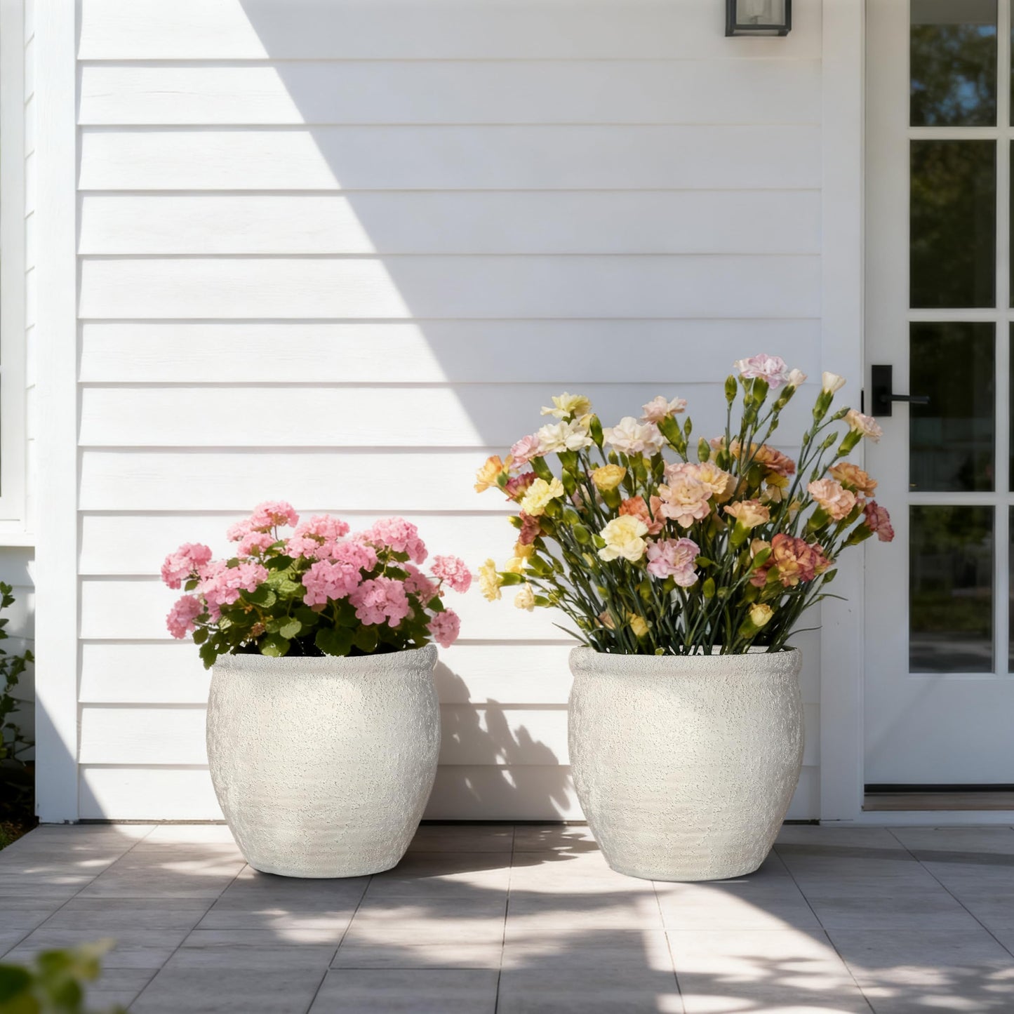Haispring 12" Dia Fiberstone Planter – Modern Farmhouse Indoor/Outdoor Flower Pot, Beige Container with Grainy Matte Texture & Built-in Drainage Hole | Decorative Pot for Patio, Porch, Garden