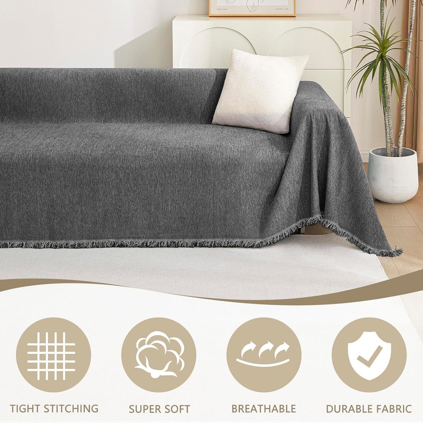 MYSKY HOME Couch Covers for 3 Cushion Couch Sofa, Sectional Couch Cover L Shape Chenille Couch Cushion Covers for Pets, Furniture Protector Cover for Dogs, Kids, 91"X150", Charcoal Gray