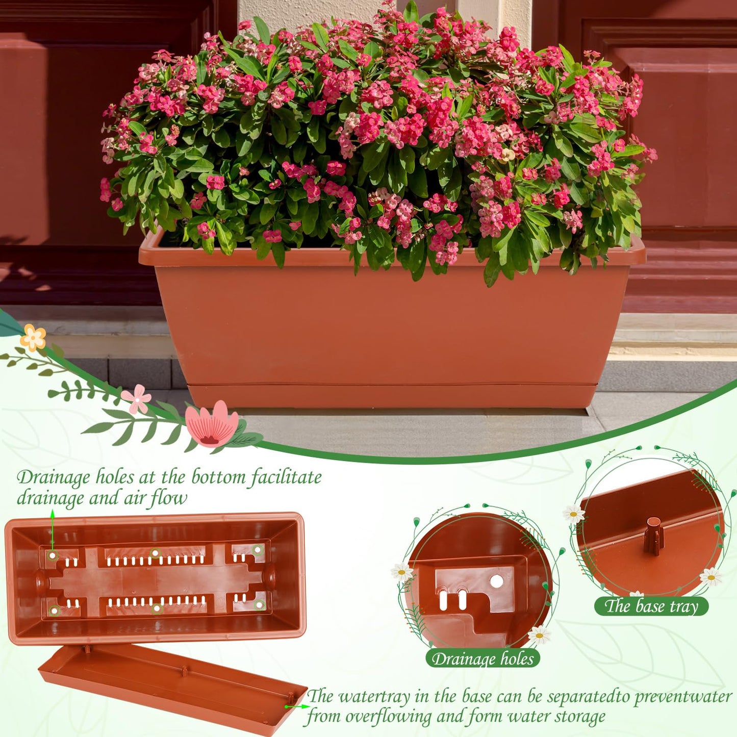 Lysjtsr 12Pcs 17Inches Rectangle Planter Box with Drainage Holes and Trays Plastic Planters Flower Boxes Pots for Indoor Outdoor Plants Patio Garden Home Decor Porch Yard (Red)