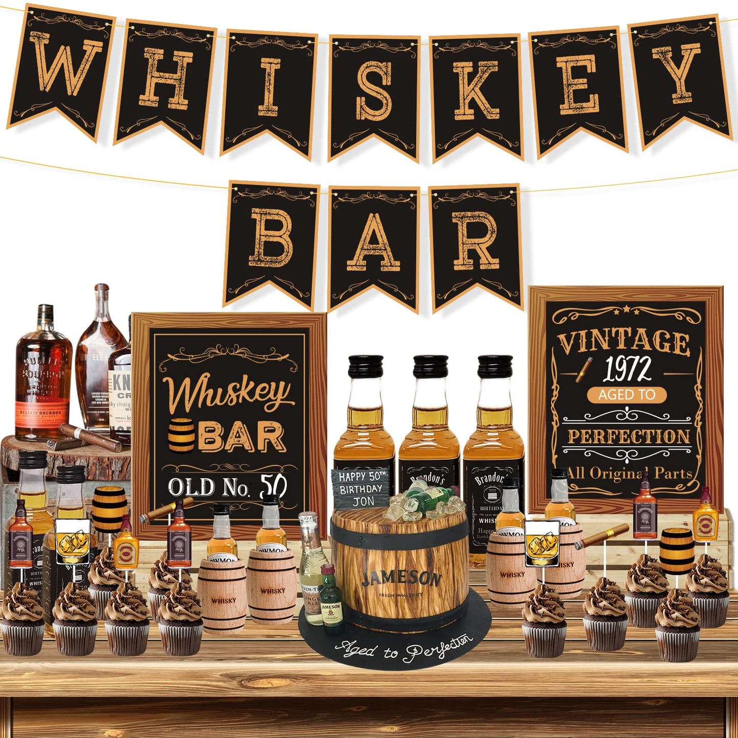 Whiskey Bar Decoration Kit, DIY Whiskey Bar Sign Aged to Perfection Party Sign Cake Toppers for Men 30th 40th 50th Birthday Decorations Aged to Perfection Party Supplies