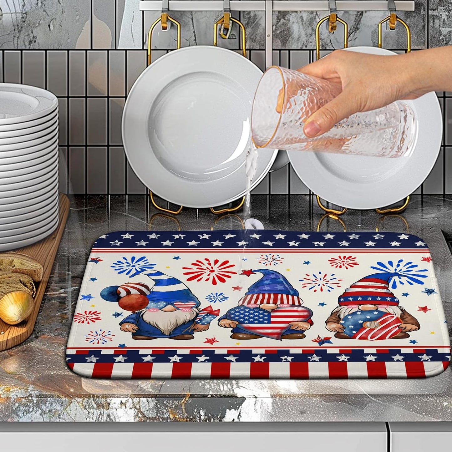 Patriotic Gnome Drying Mat 16x18 Inch American Memorial Day Independence Day Microfiber Dish Drainer Super Absorbent Dish Rack Mat for Kitchen Counter Holiday Decor