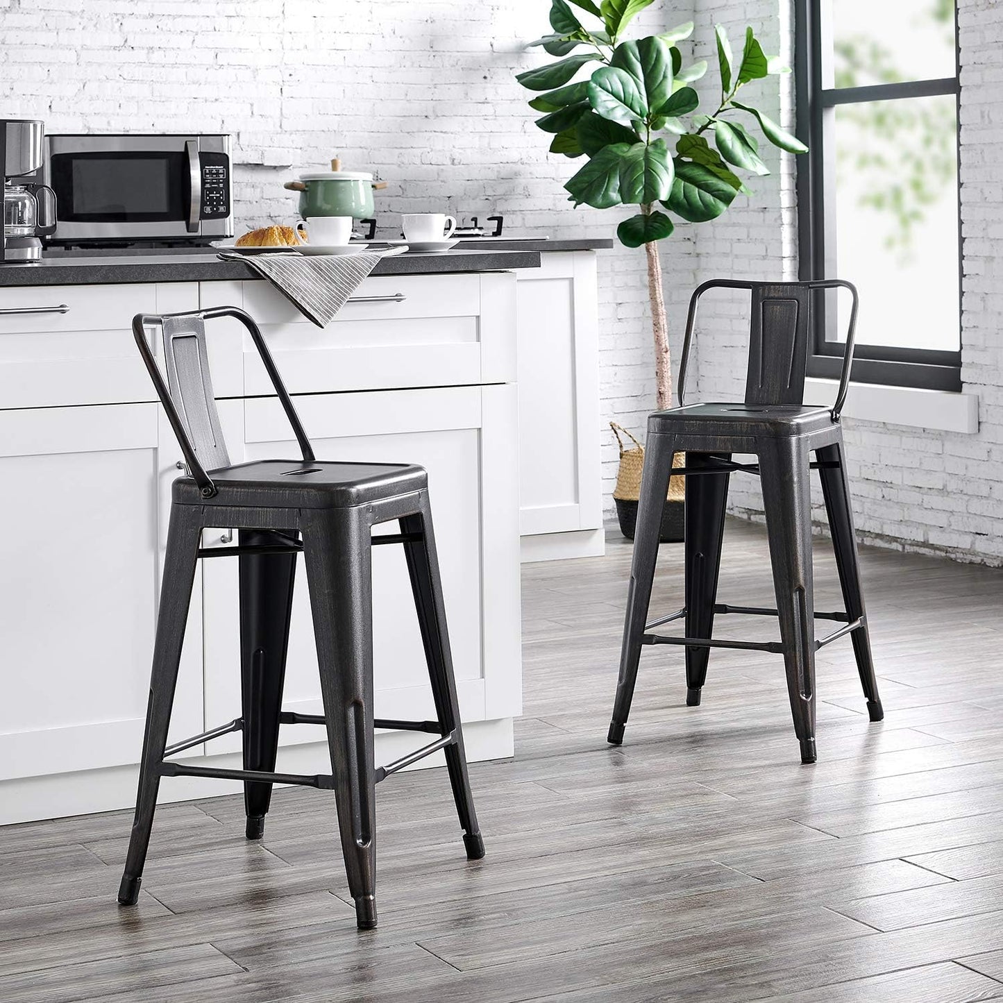 AC Pacific 24” Metal Barstool Set of 4 – Country Rustic Style with Low Back, Lightweight & Sturdy Build, Easy Assembly – Matte Black
