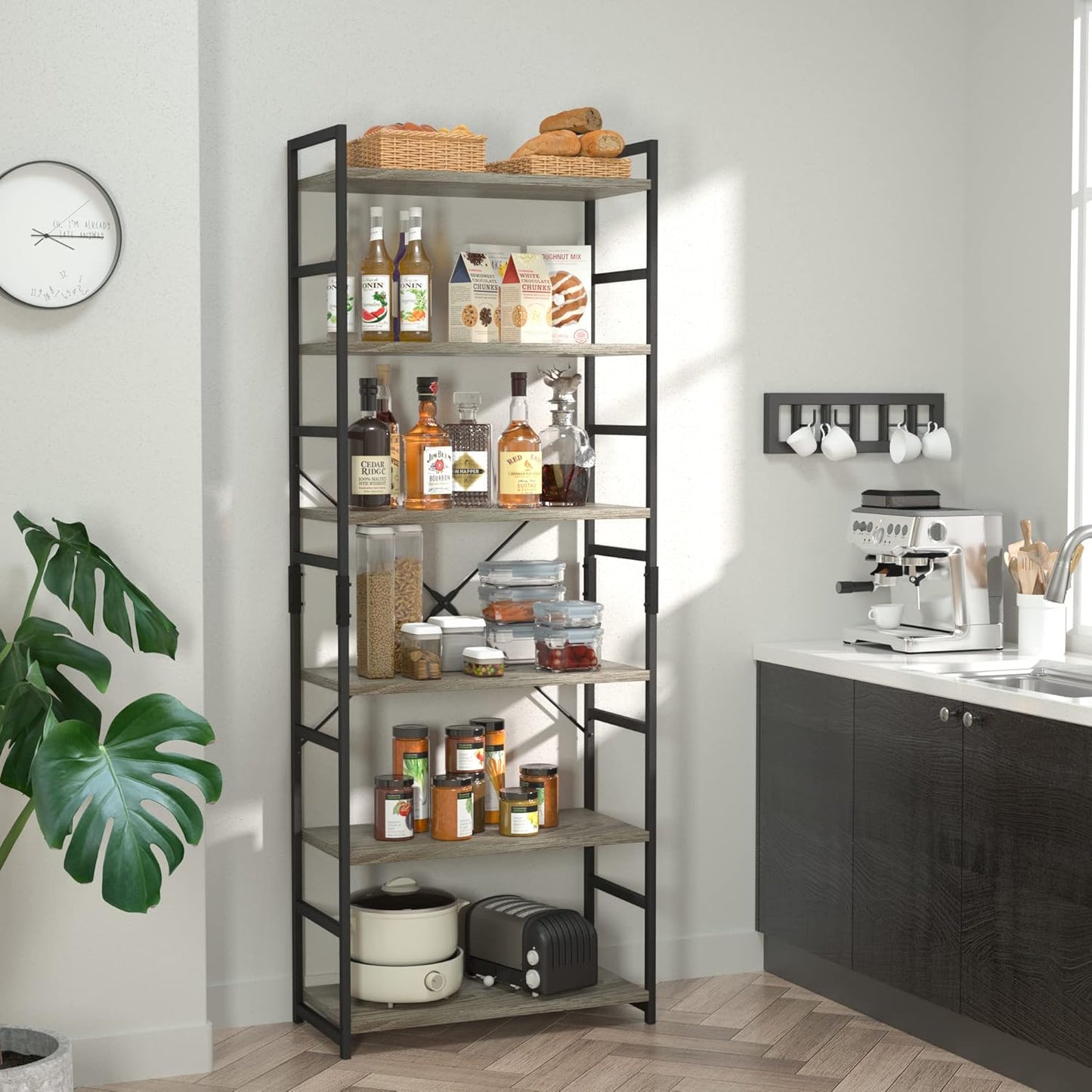 NUMENN 6 Tier Bookshelf, Tall Bookcase Shelf Storage Organizer, Modern Book Shelf for Bedroom, Living Room and Home Office, Grey