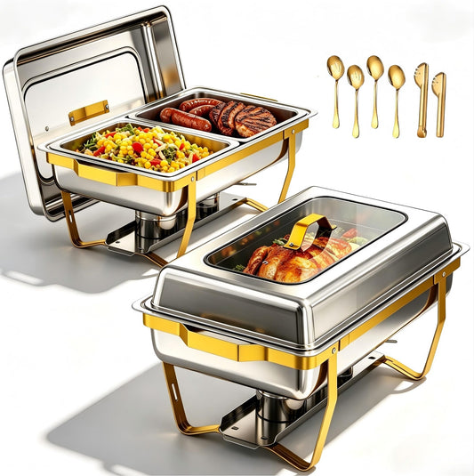 EffiQ-Rate Chafing Dishes for Buffet, 2-Pack Hot Cold Food Warmer with Glass Lid, 9QT Large Capacity Stainless Steel Buffet Servers, Complete Set with Utensils for Catering Party Wedding Outdoor