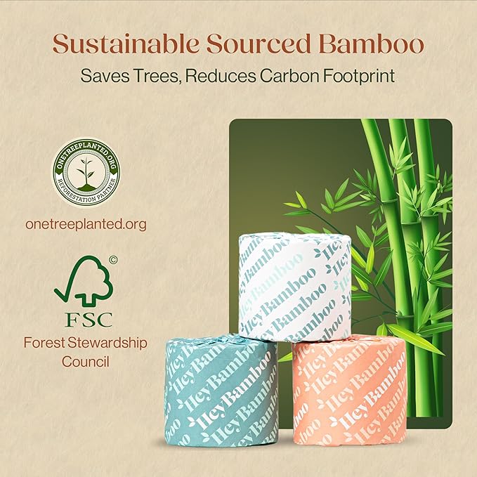 24 - HeyBamboo 100% Bamboo 3-Ply Toilet Paper, Unbleached, Non Toxic, 24 Double Rolls, 360 Sheets, FSC Certified, Soft & Strong, Pack of 24, Plastic-Free