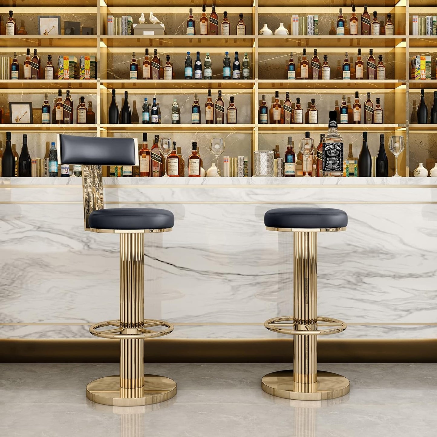 FUNROLUX Swivel Bar Stools with Backrest, Modern Adjustable Height Counter Stool with Metal Legs and Comfortable Cushion, Black and Gold Bar Chair for Kitchen Island Counter (Black)