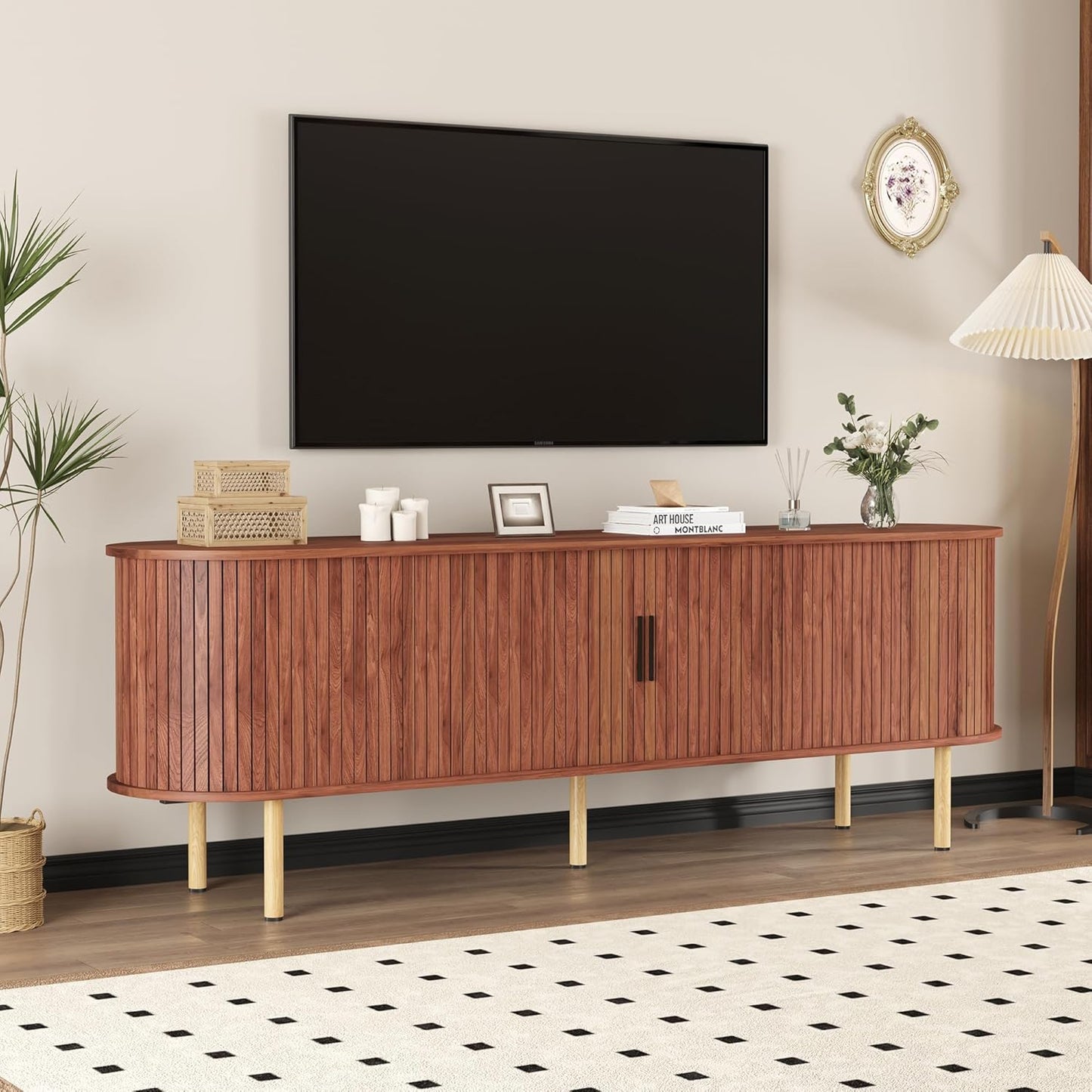 70.1" TV Stand, Modern TV Console Table with Storage Compartment and Sliding Door, Gaming Entertainment Center with Cabinet for Living Room, Bedroom, Office, Walnut