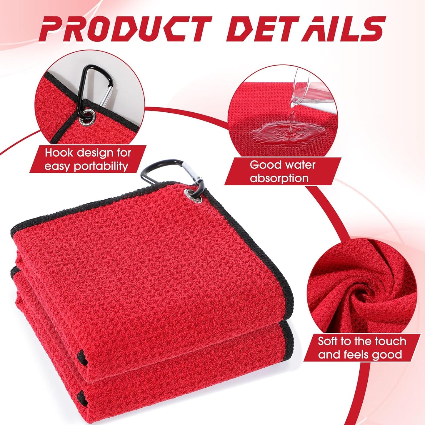 Batiyeer 12 Pcs Golf Towel Bulk for Golf Bags 16'' x 16'' Microfiber Fabric Towel with Clip Waffle Pattern, Fitness, Camping, Hiking, Yoga