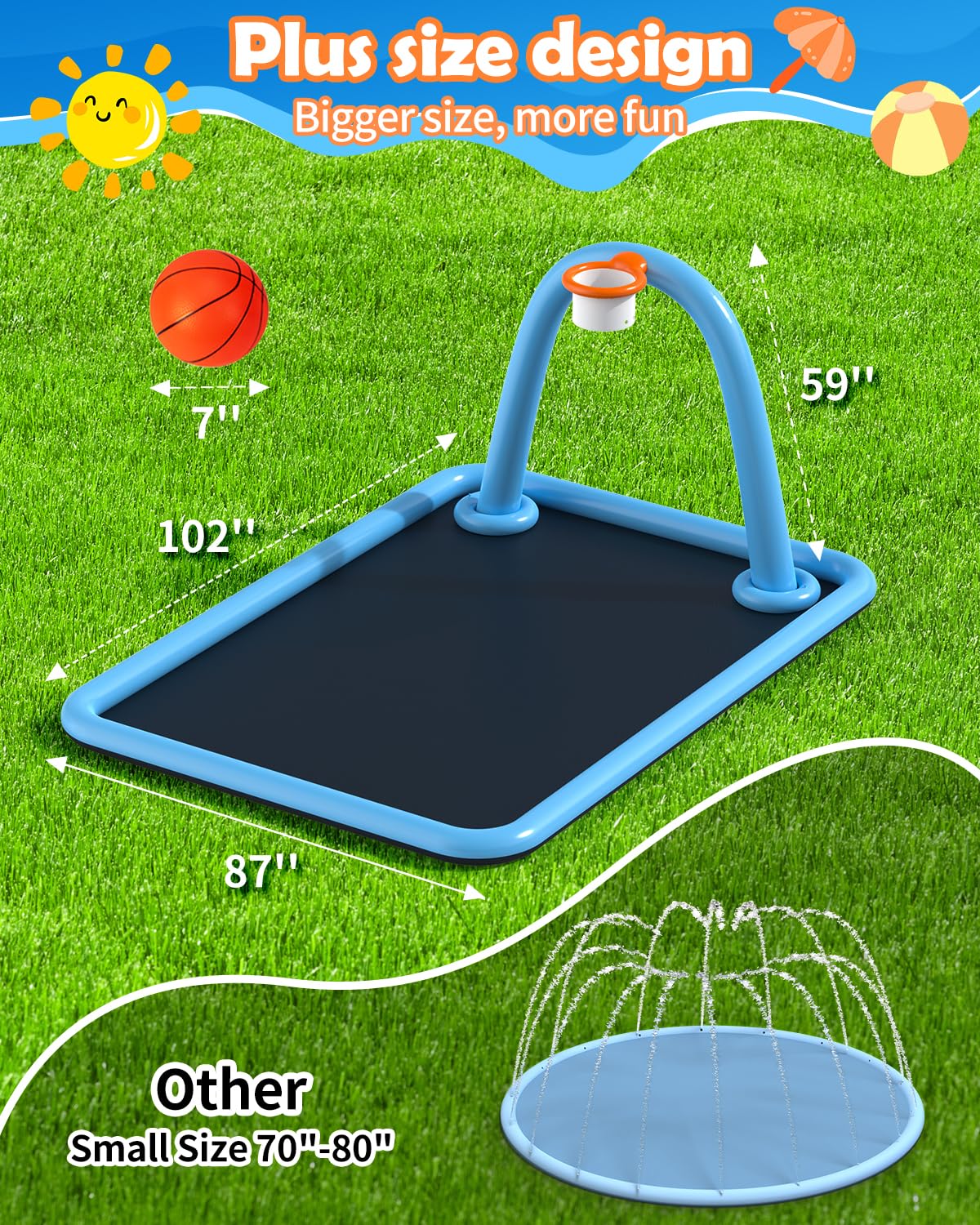 Octaplay Splash Pad for Kids & Dogs, Large Sprinkler Pad Water Toys with Basketball Hoop, Thickened Non-Slip Splash Mat, Foldable Play Pool & Outdoor Summer Toys Ages 4-12 (102" Splash Pad)