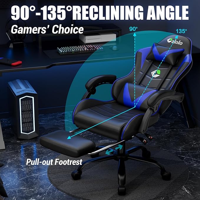 Gaming Chair with Footrest Racing Style Lumbar Support Massager Video Game Chair with Metal Legs, High Back Reclining Gamer Chair with Headrest, 360° Swivel Office Computer Desk Chair (Blue)