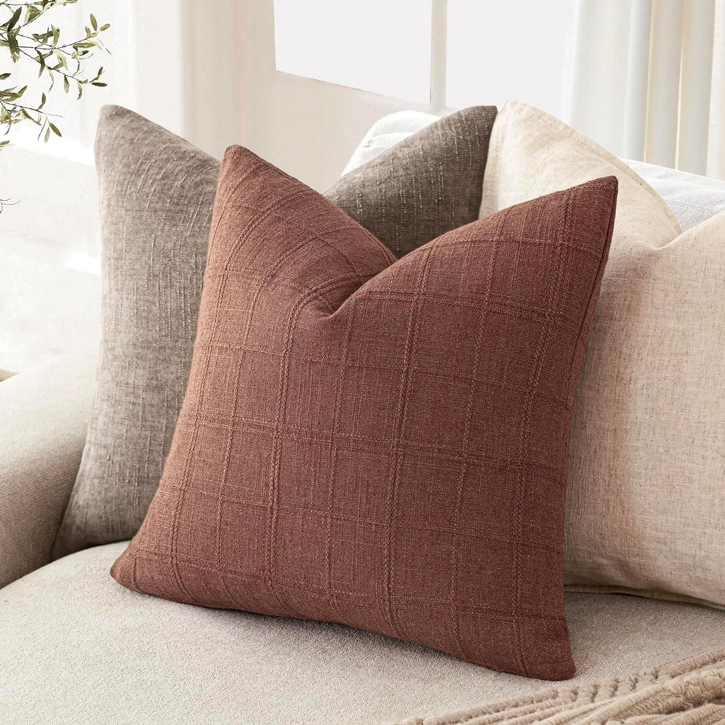 Foindtower Set of 2 Decorative Linen Check Throw Pillow Covers Neutral Farmhouse Vintage Cushion Covers Modern Boho Home Decor for Sofa Chair Couch Bedroom Living Room Outdoor,18×18 Inch,Autumnal Red