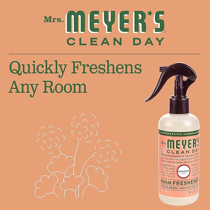 MRS. MEYER'S CLEAN DAY Room and Air Freshener Spray, Non-Aerosol Spray Bottle Infused with Essential Oils, Geranium, 8 Fl. Oz