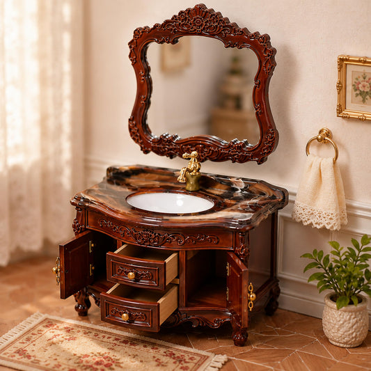 jojofuny Miniature Dollhouse Bathroom Vanity with Mirror, Antique Style Mini Sink Cabinet, Vintage Brown Dollhouse Furniture for Diorama, Miniature Scene, Collector Display