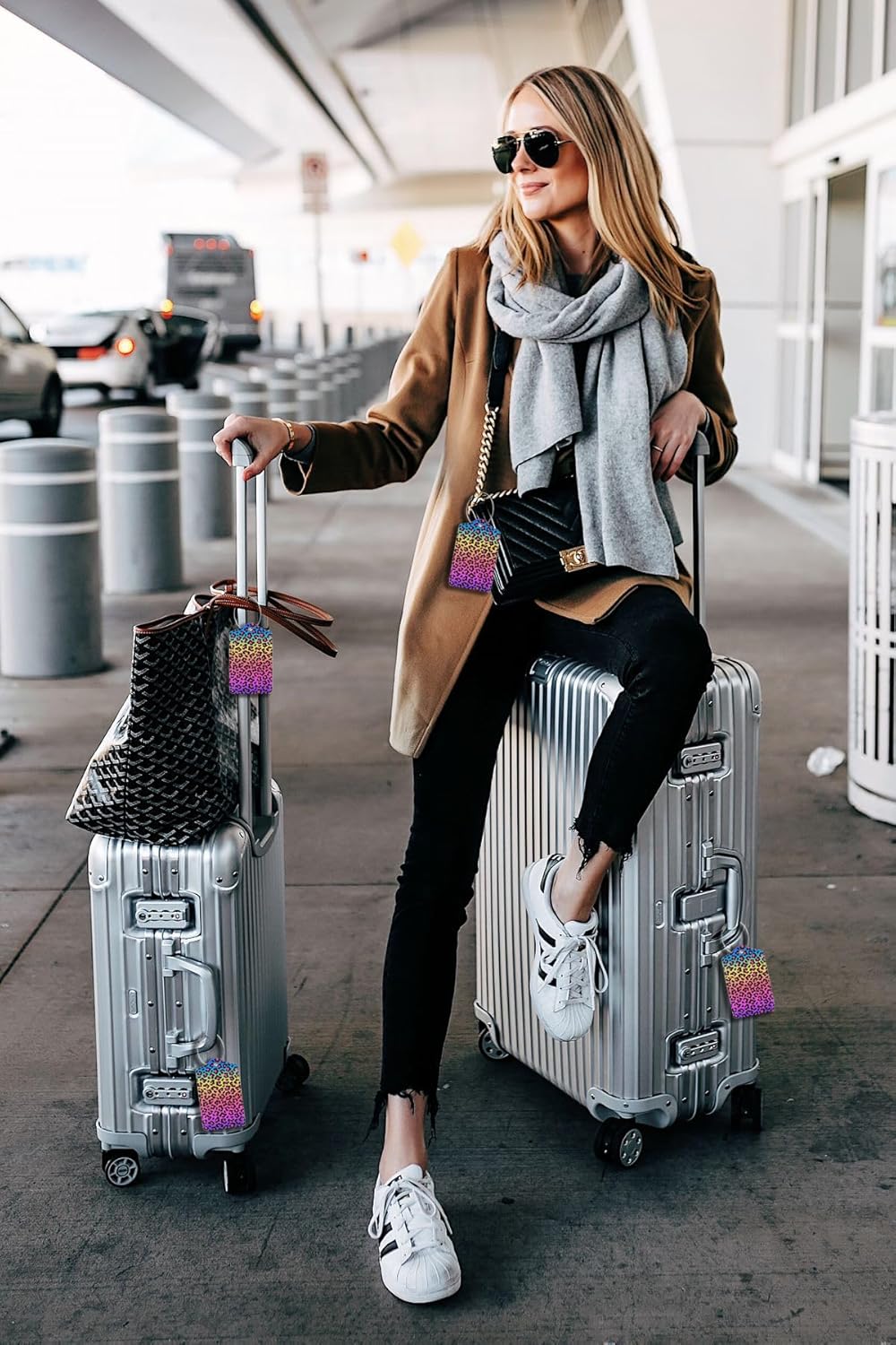 Rainbow Leopard Print 2 Pack Luggage Tags for suitcases Cute Color Leopard Luggage Tag, Leather Stainless Steel Loop Label Tag for Men Women Travel Bag Suitcase（Leopard）