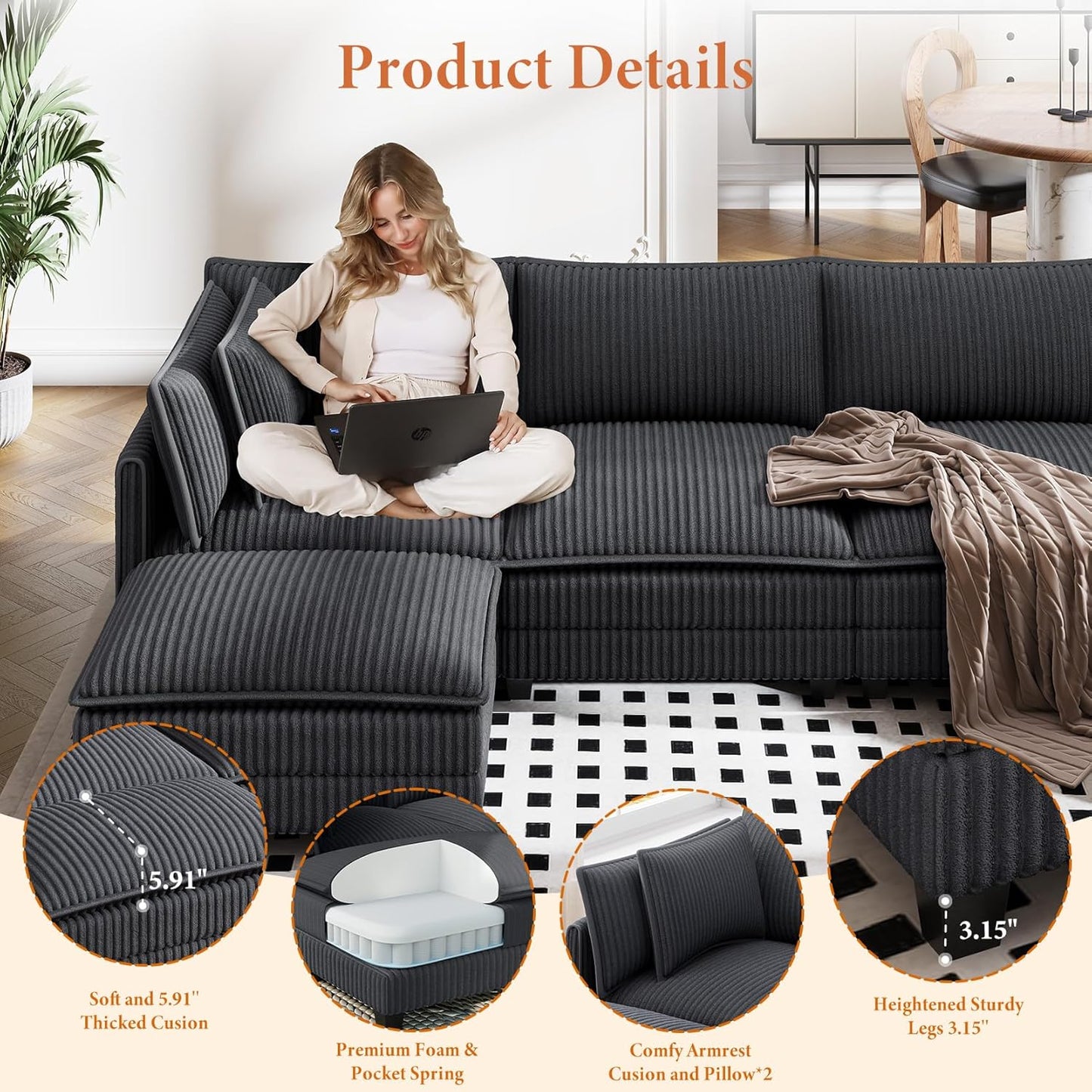 Vesgantti 143" L Shaped Modular Sectional Sofa, Comfy Corduroy Upholstered Modular Sectional Couches for Living Room, Modern Cloud Couch with Ottoman Deep Seat, Dark Grey