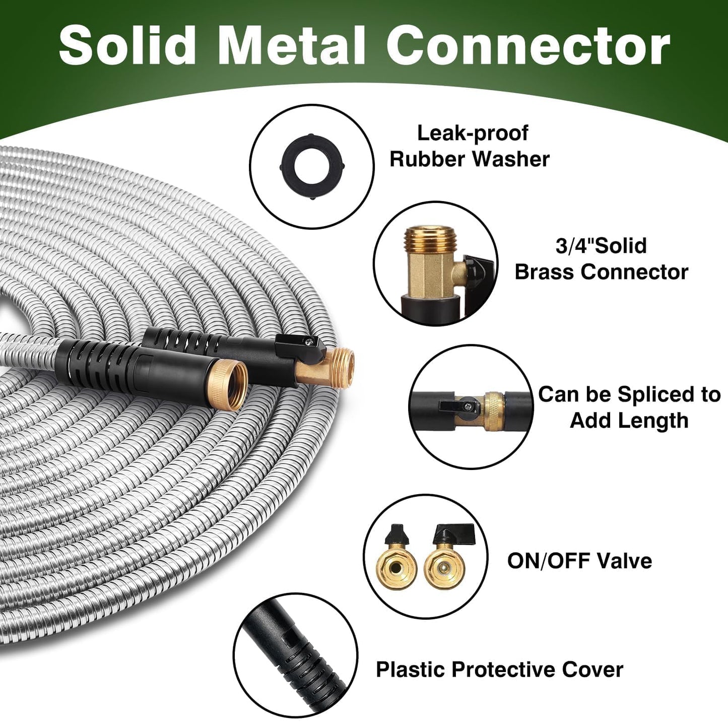 WHOBUY 100FT Metal Garden Hose 304 Stainless Steel Flexible Water Hose - No Kink & Tangle Heavy Duty Pipe with Nozzle, Durable 3/4 Brass Fittings and Valve - Rust Proof Puncture Proof for Yard Lawn