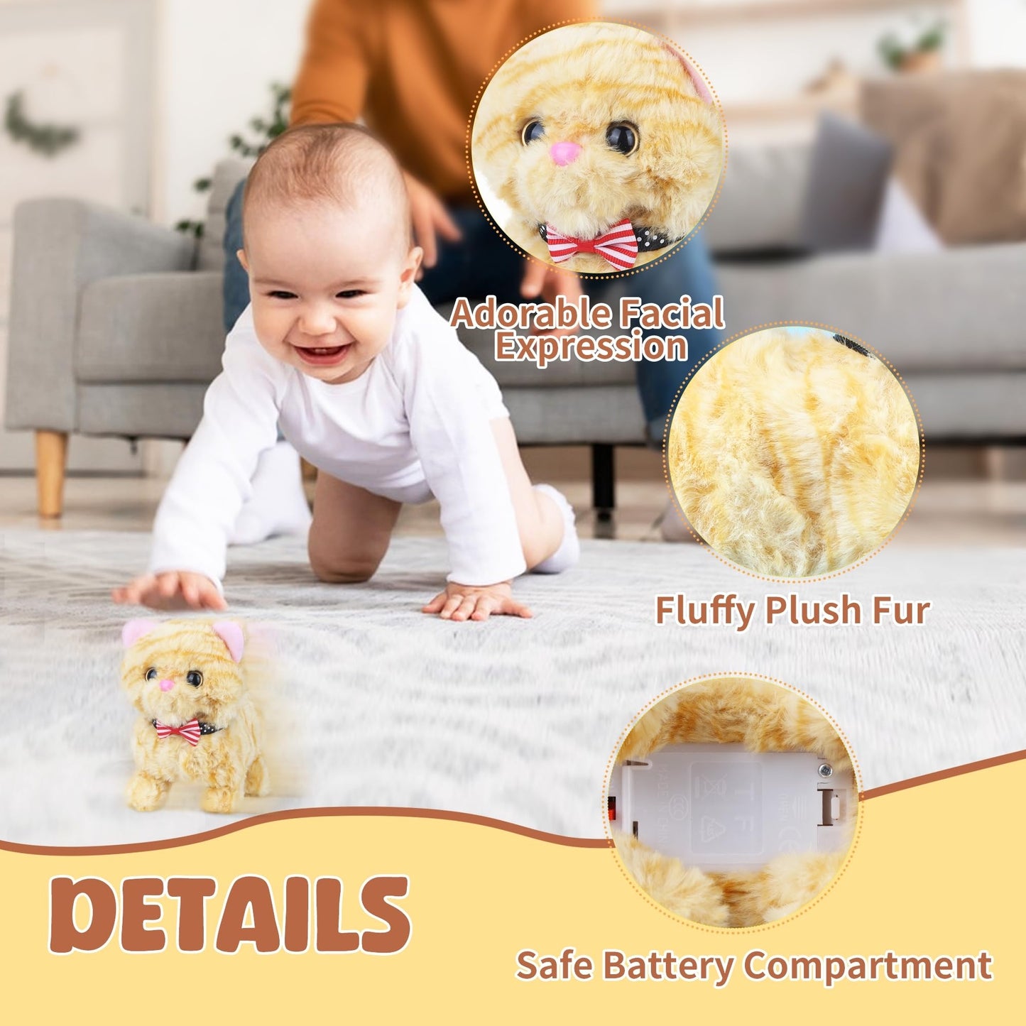 Walking Kitten Toy for Kids, Interactive Electronic Plush Toy with Meows Tail Wagging Head Shaking 2 Speed Modes, American Shorthair Stuffed Animals Gifts for Christmas Birthday Toddlers Yellow 7.5''