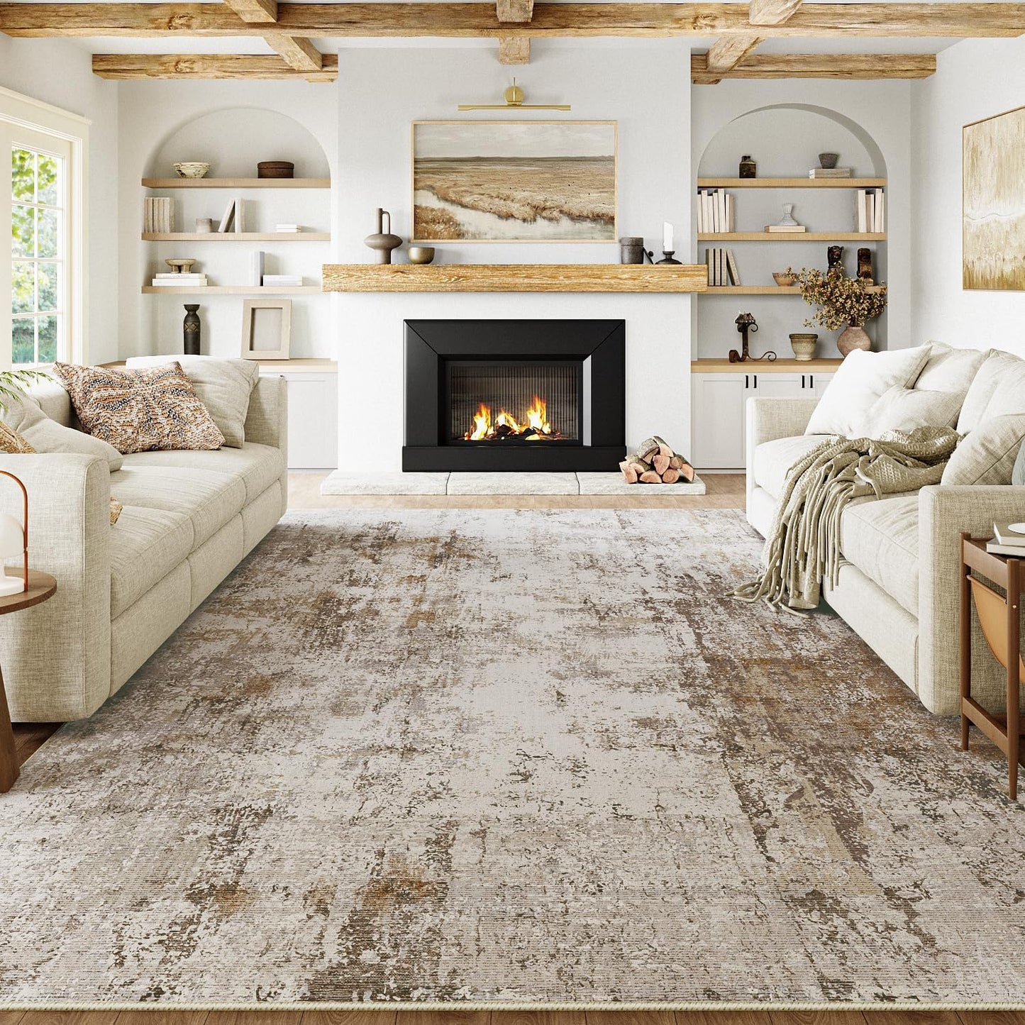 10x12 Washable Area Rug Brown Grey Abstract Neutral Living Room Bedroom Large Throw Rug Non Slip Soft Distressed Low Pile Indoor Floor Carpet for Kitchen Office Entryway