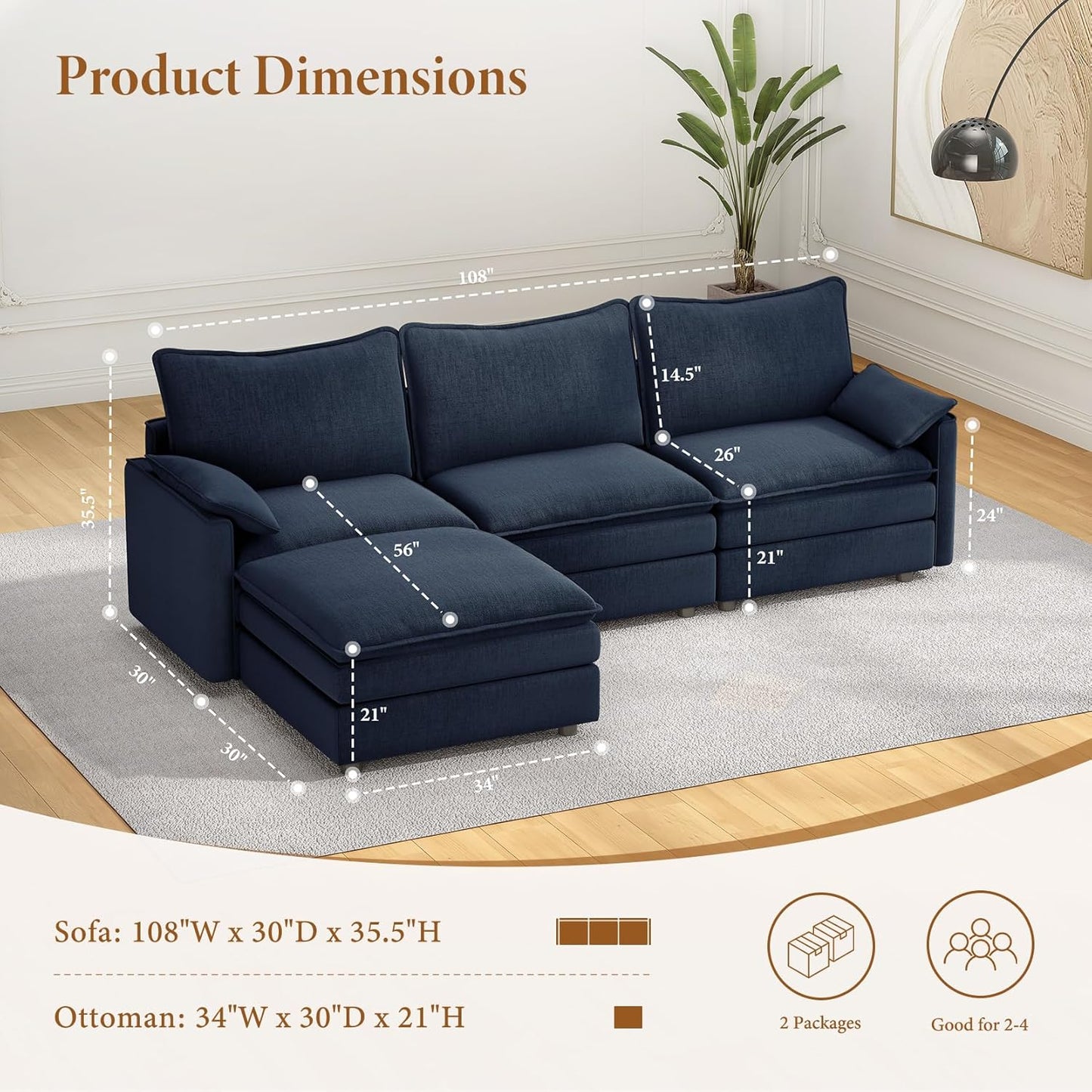 Vesgantti 108" Modular Sectional Sofa, Comfy Cloud Couch with Movable Ottoman Deep Seat Chenille L Shaped Modular Sofa, Sectional Couches for Living Room, Bedroom and Apartment, Blue