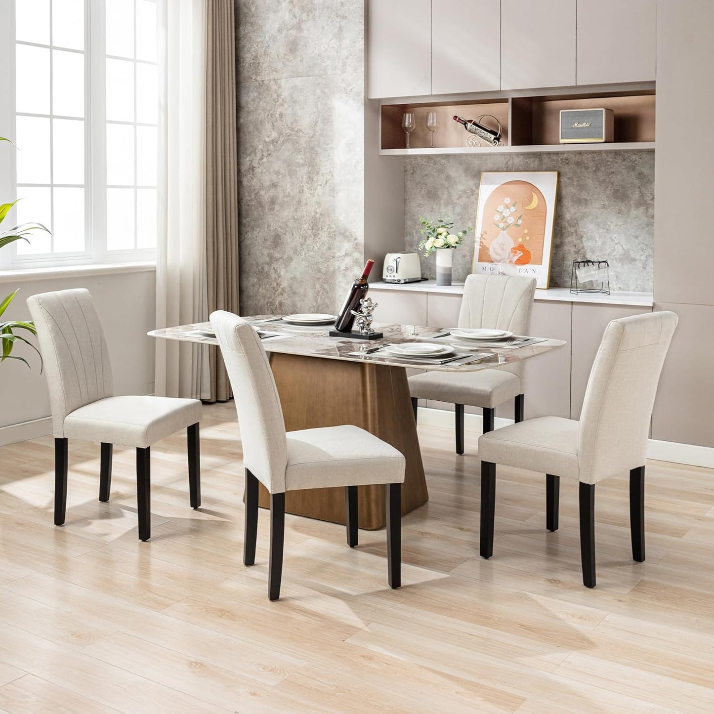 VECELO Upholstered Dining Chairs Set of 2, Modern Fabric and High Back & Solid Wood Legs, Parsons for Kitchen/Living Room- Beige