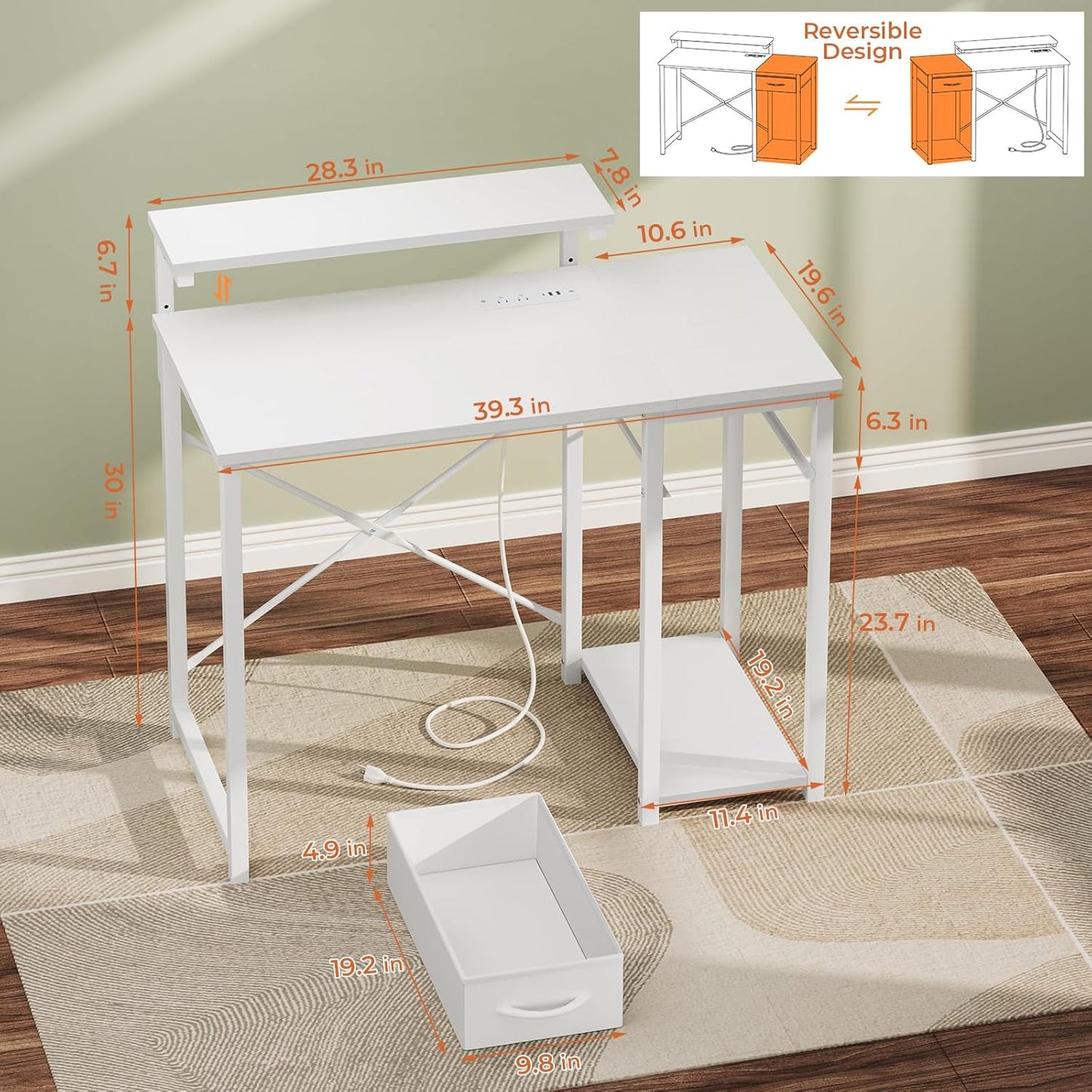 Computer Desk with Adjustable Monitor Stand, 39.4 in Small Desk with Reversible Storage Shelves, Office Desk with Spacious Desktop Spaces for Home Bedroom Workstation, White