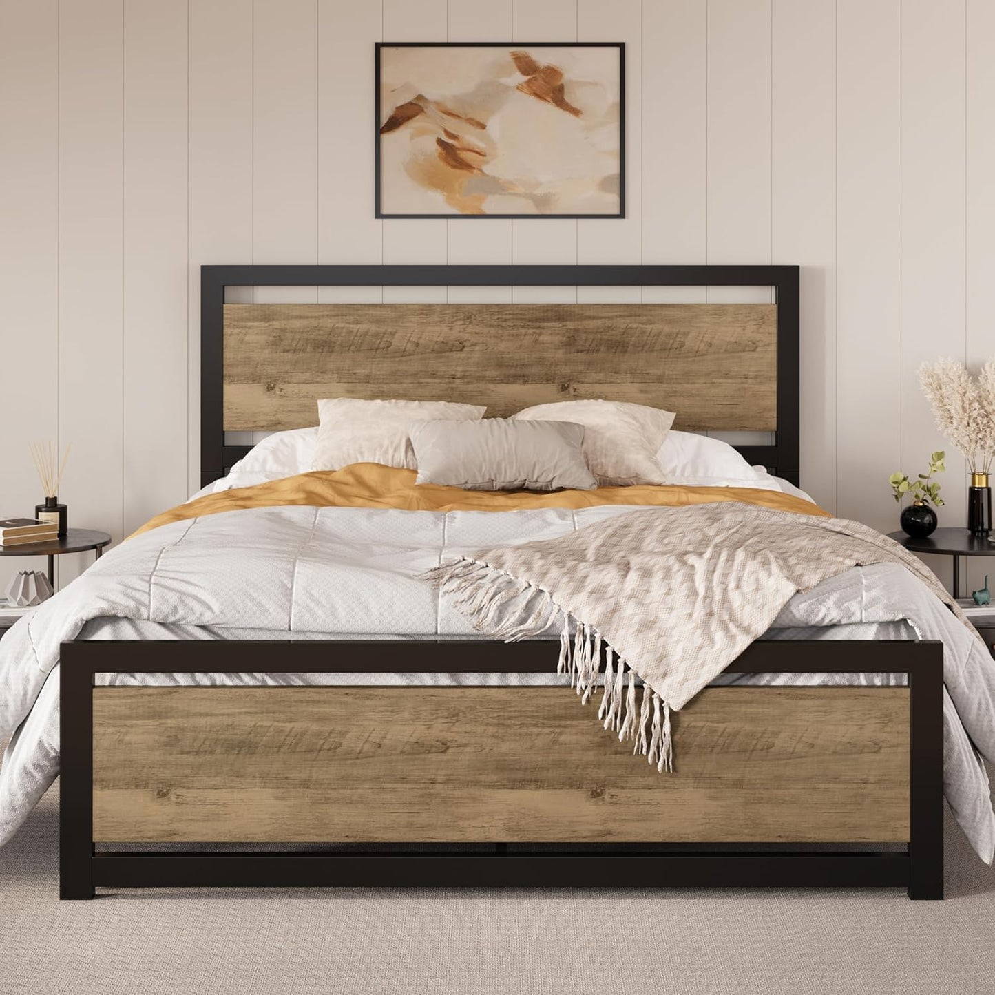 SHA CERLIN Queen Size Bed Frame with Modern Headboard, Heavy Duty Platform Metal Base with Square Footboard and 13 Strong Slats Support, No Box Spring Needed, Brown