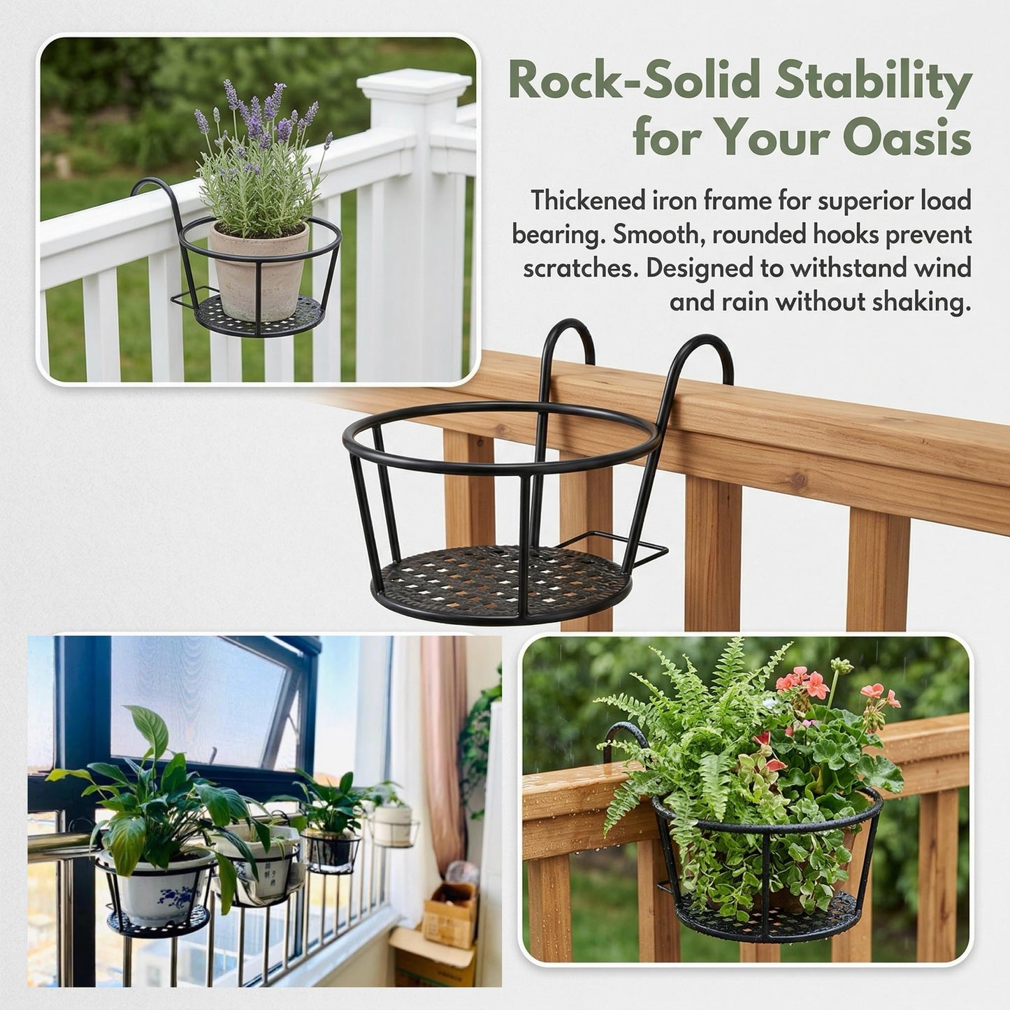 Nancyzhenpin Metal Hanging Railing Planter, Flower Pot Holder for Balcony Fence, Adjustable Steel Plant Stand, Indoor Outdoor Garden Mounted Shelf (6, Black)