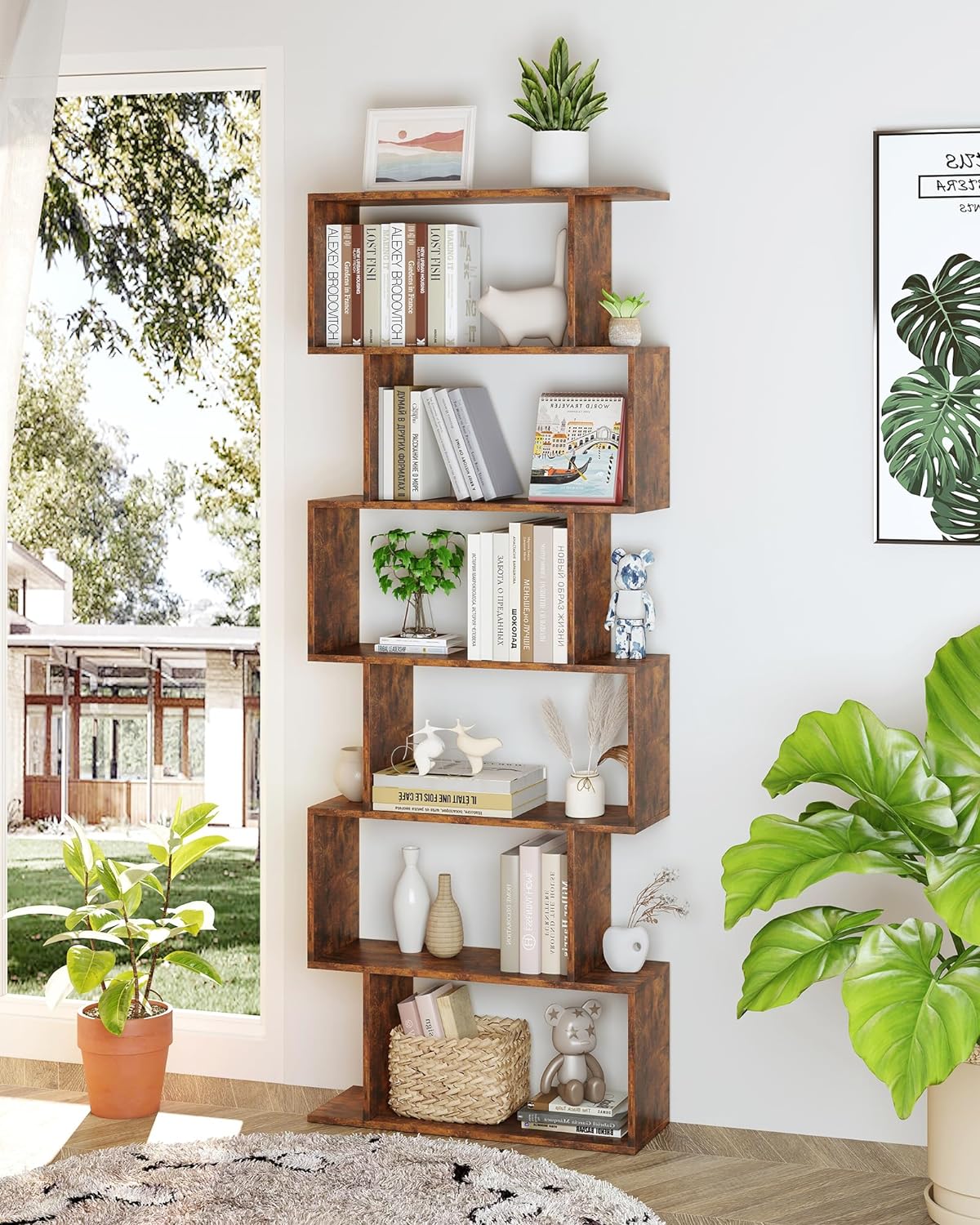 Yusong Geometric Bookcase, Bookshelf 6-Tier S Shaped Book Shelves for Bedroom, Modern Wood Decorative Display Shelf Tall Book Case for Home Office, Rustic Brown