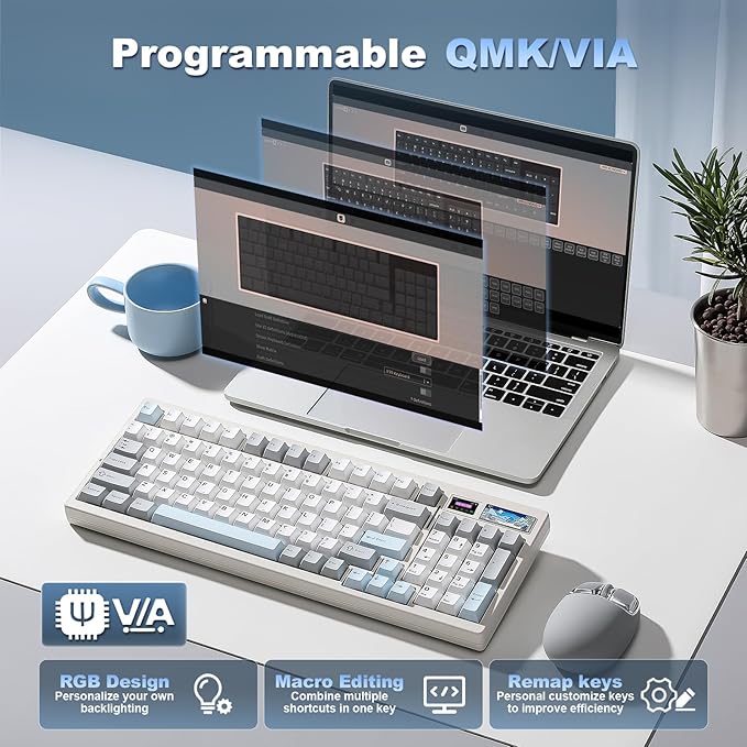 YUNZII IF99 Wireless Mechanical Gaming Keyboard with Smart LCD Display, QMK/VIA Programmable BT/2.4G/USB-C Gasket Mounted Hot Swap RGB 96% Layout for Mac/Win (White, Cocoa Cream V2 Switch)