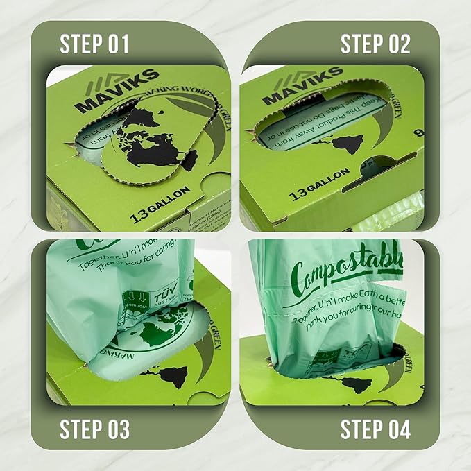 Super Durable Biodegradable Compostable Trash Bags 13 Gallons / 49.2 Liter, Green Biodegradable Trash Bags 50 Pcs, Small Kitchen Compost Bags for Countertop Bin, BPI & OK Compost Certified