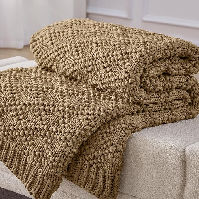 Knitted Weighted Blanket for Adult, Chunky Knit Weighted Throw for Sleep 60"*80" 15lbs, Cooling Breathable Machine Washable Fall Heavy Blanket for Room Decor (Beige, Queen)