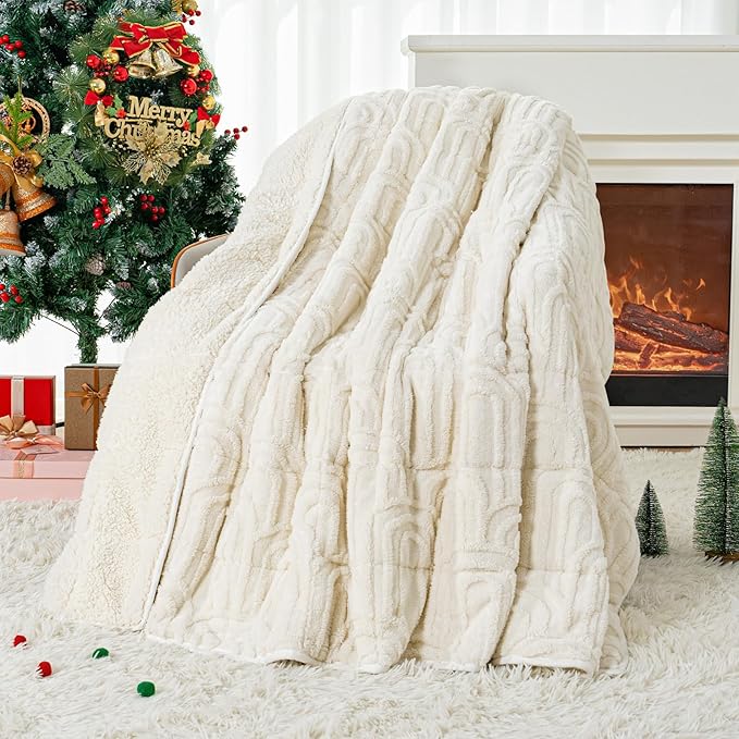 Cottonblue Weighted Blanket for Adults 15 lbs Twin Size, Soft Fluffy Sherpa Fleece Jacquard Weighted Throw Blankets 48" x 72" for Sleep Relax, Fuzzy Warm Arch Heavy Blanket for Bed Couch, Cream White