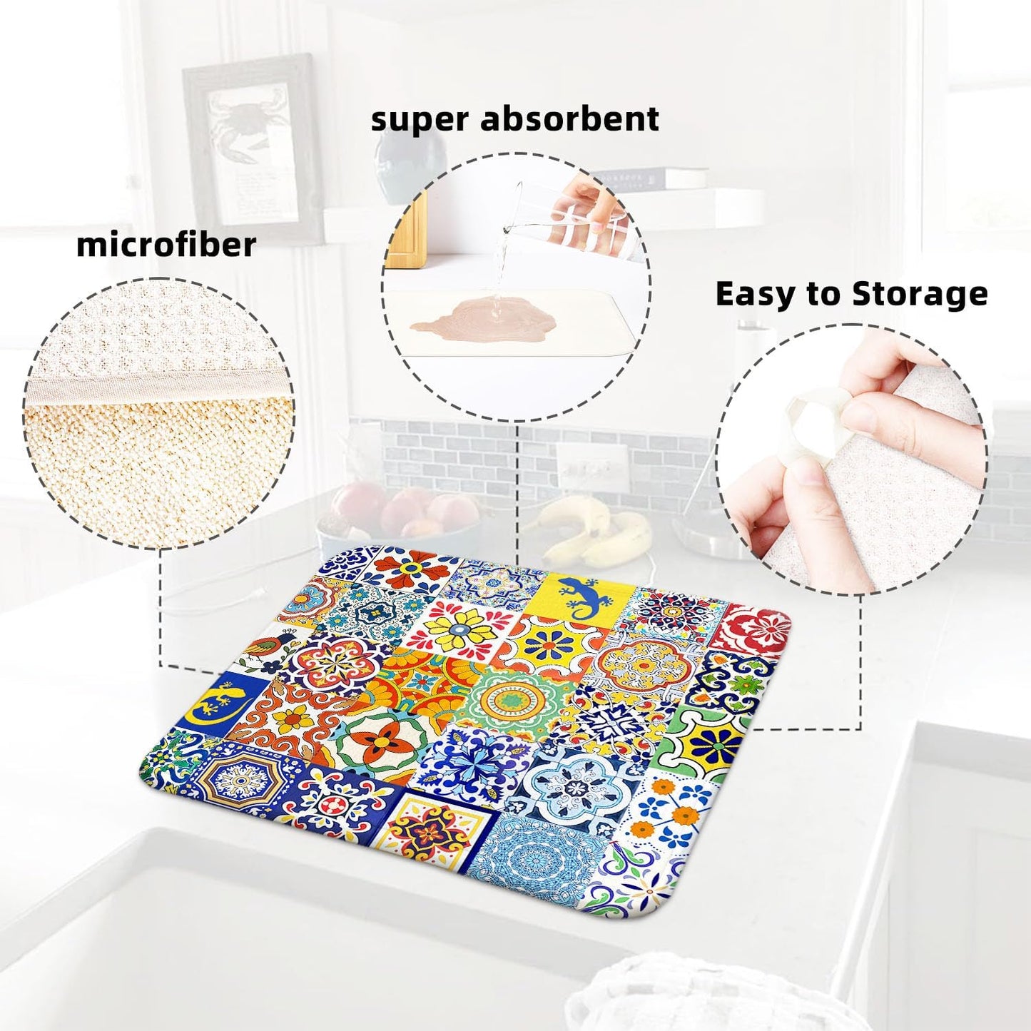 Mexican Tiles Drying Mat 16" X 18" Vintage floral Kitchen Counter Stone Dish Drying Mats For Kitchen Counter Xmas Drying Mats For Home Counter Drying Mats For Dishes Dish Table Mat Drying Mat