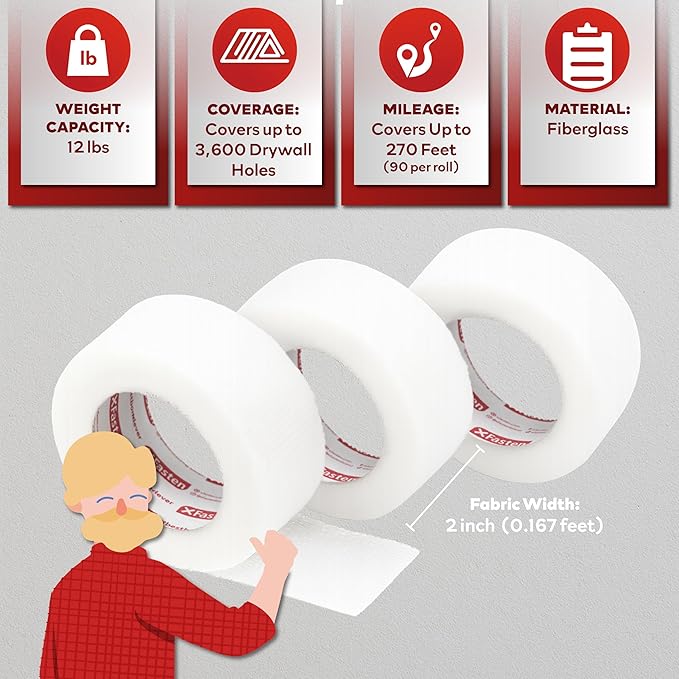 XFasten Drywall Tape Self Adhesive (3-Pack 270ft Total) Heavy-duty Fiberglass Drywall Mesh Tape for Dry Wall Repair, Joint Mesh Sealer, Patch Holes, and Sheetrock Seam Stress Cracks - 2-Inch x 90-Feet