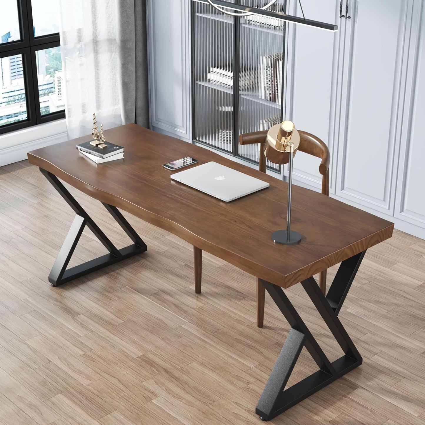 Solid Wood Desk 55 inches Wide Home Office Desk,Metal Modern Industrial Writing Table, Workstation, Perfect Table for Your workspace Study Table Furniture in Rustic Natural Aged Brown