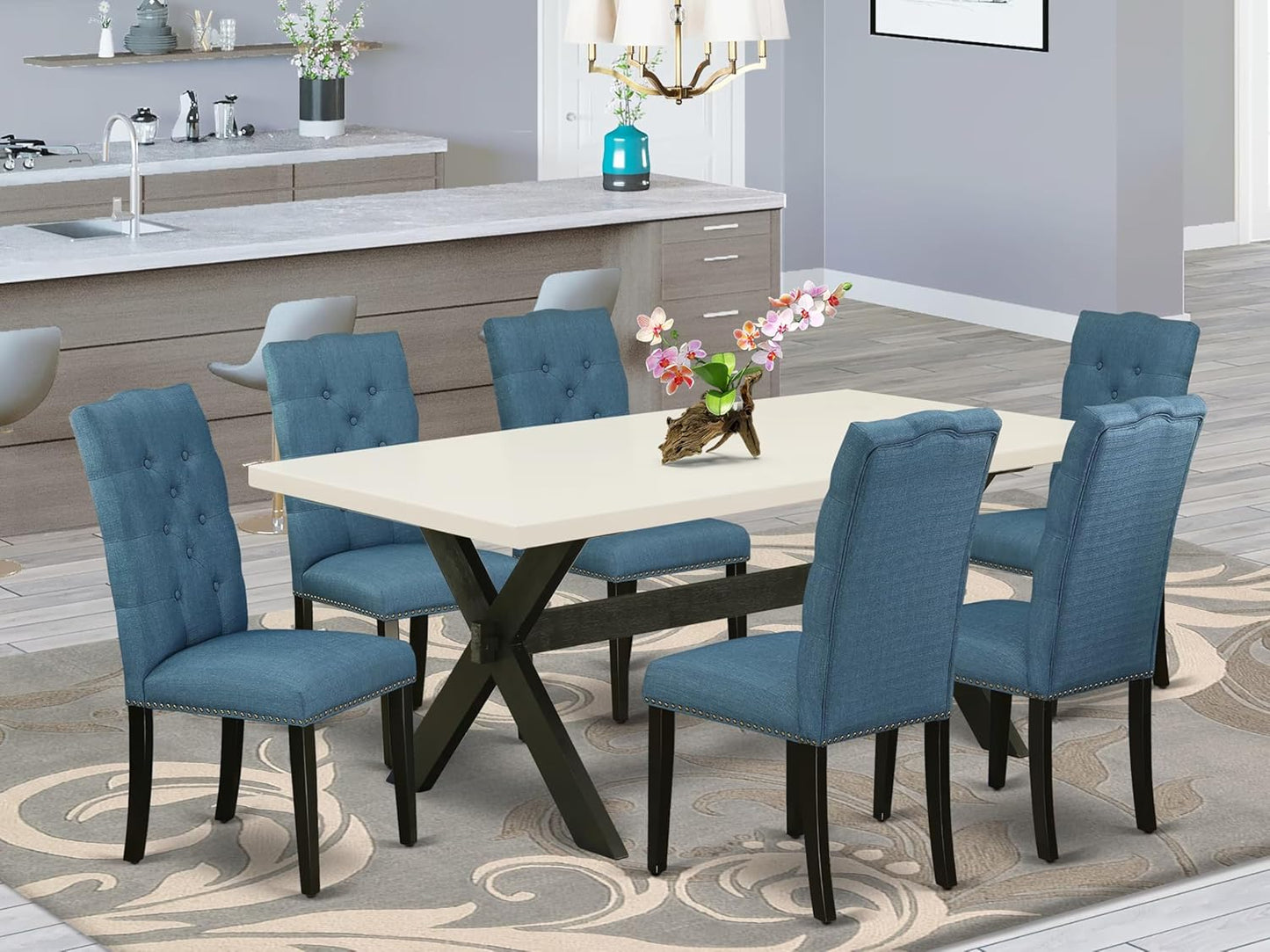 East West Furniture X627EL121-7 7 Piece Dining Room Table Set Consist of a Rectangle Kitchen Table with X-Legs and 6 Blue Linen Fabric Parson Dining Chairs, 40x72 Inch, Multi-Color